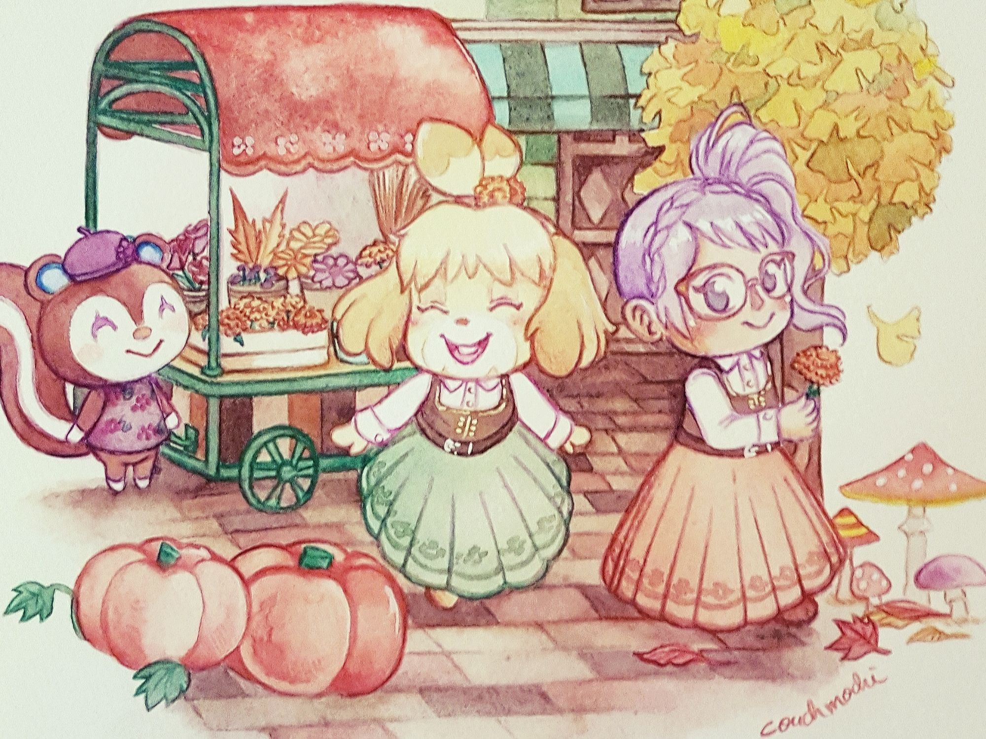 Isabelle, Poppy and my character in AC pocket camp. They're wearing autumnal dresses enjoying a day out on a cobblestone street, and a little cart selling flowers in the back. Pumpkins and mushrooms decorate the corners.