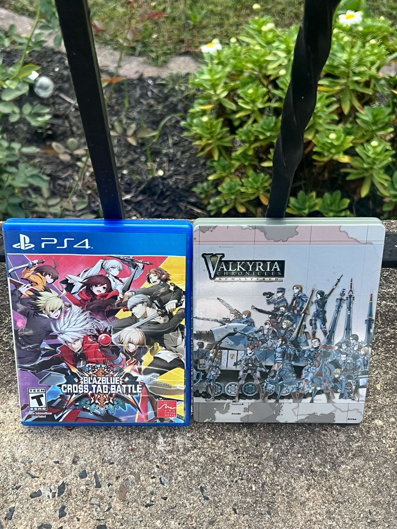 Two PS4 titles lined up side by side with one in its trad blue PS4 casing with the other made of tin. The tin has the words Valkyria Chronicles across the left half of the top of the tin with a drawing of anime soldiers in blue next to a tank. Try e box on the left says Blazeblue Cross Tag Battle and has anime characters of various styles and shapes leaping out with swords and other blades. 

The boxes are on concrete and leaning up against a black metal fence looking out over a garden.