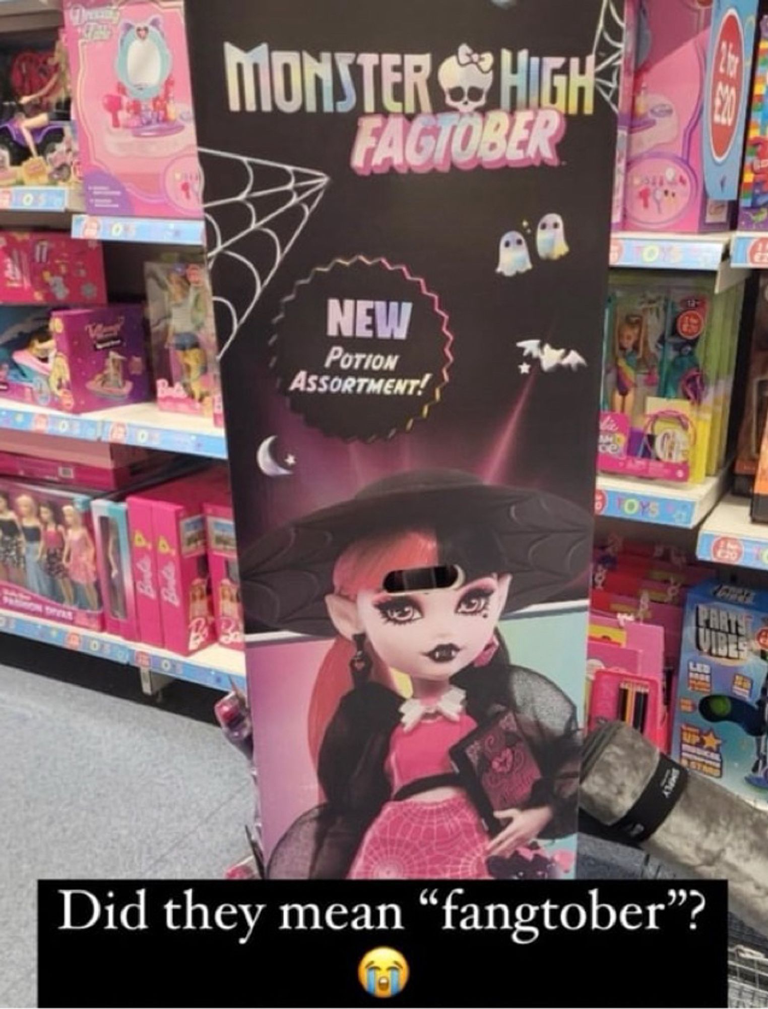 Screenshot of an insta post that shows a banner for a Monster High “Fagtober” promotion inside of a toy store. There’s a caption that says “did they mean fangtober”? (The post is an edit, not real$