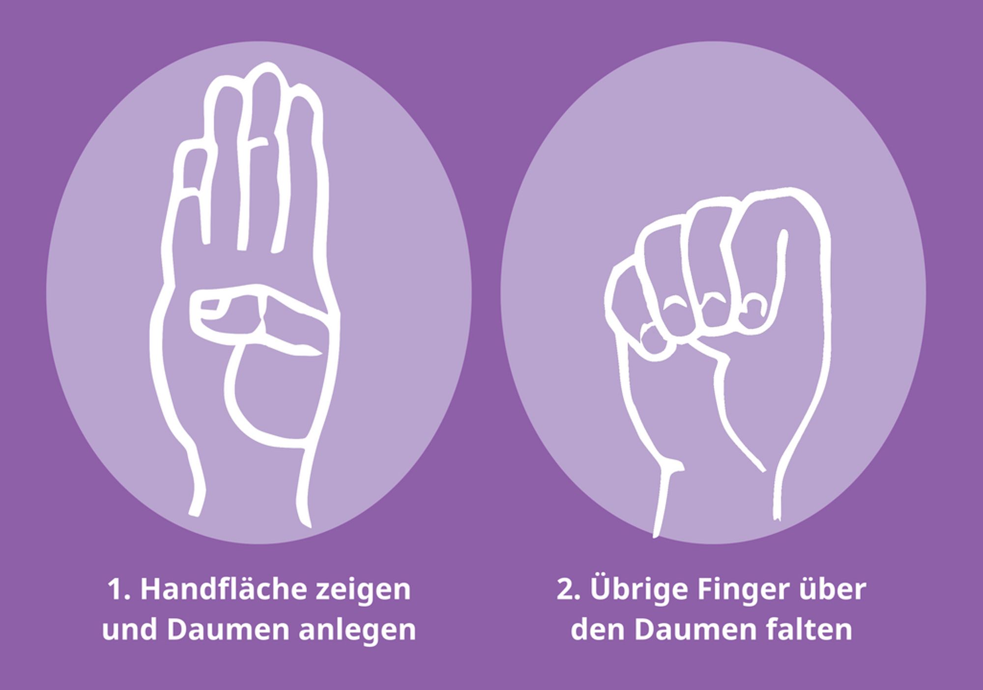 Symbolische Darstellung der Handgeste "Ich brauche Hilfe" bzw. "Hilfe häuslich Gewalt" Das Handzeichen wird ausgeführt, indem die Innenseite der Hand gezeigt wird, zunächst aber nur der Daumen in die Handfläche gelegt ist, während die übrigen Finger gestreckt sind und anschließend nach unten über den Daumen gelegt werden, so als hätten sie den Daumen in einer Falle gefangen. Bewusst wurde die Geste nicht als statisches Handzeichen, sondern als Bewegung konzipiert, damit sie leichter Aufmerksamkeit findet.