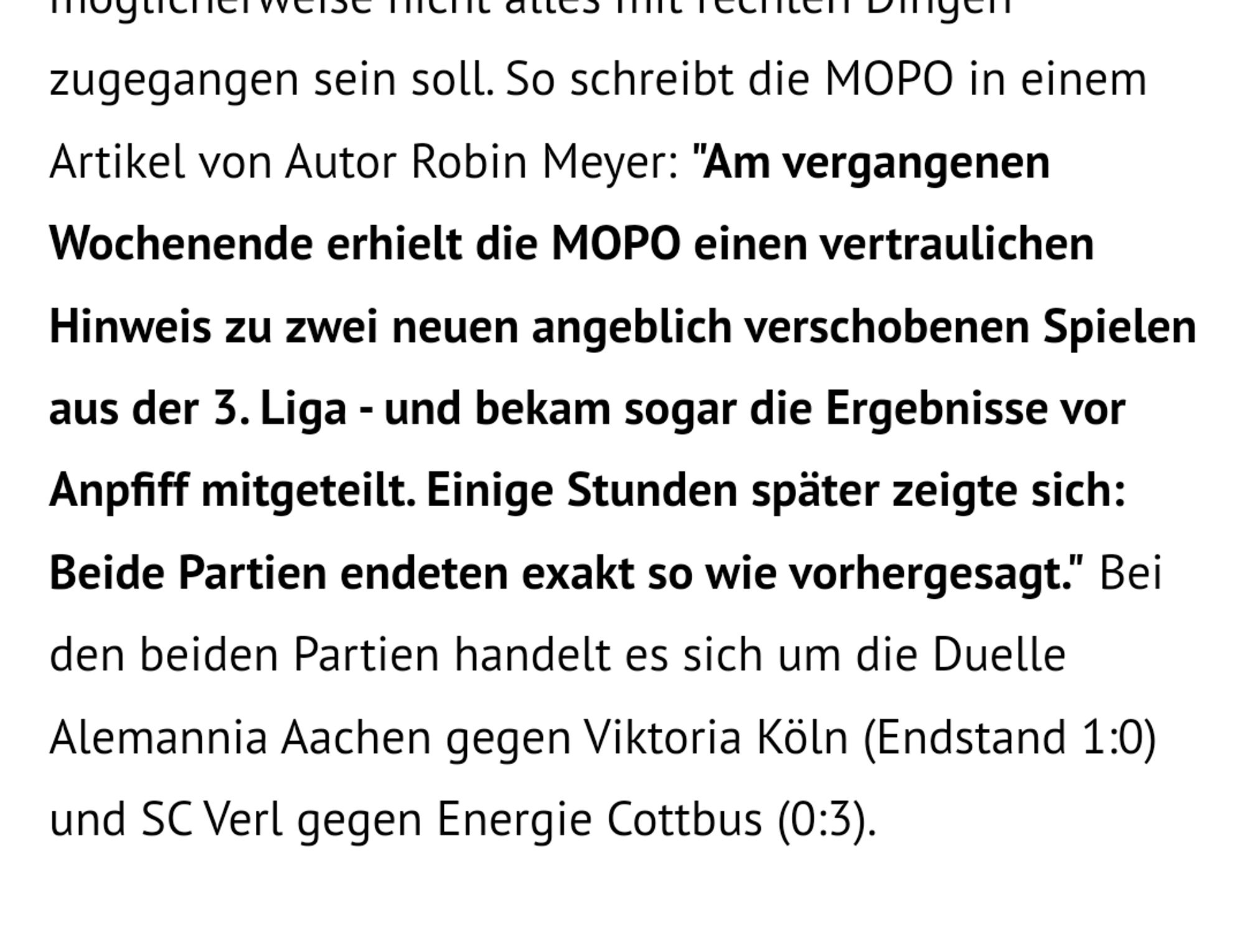 Ein Ausschnitt aus einem Zeitungsartikel, der nahelegt, dass das Spiel Alemannia Aachen gegen Viktoria Köln manipuliert gewesen sein könnte.