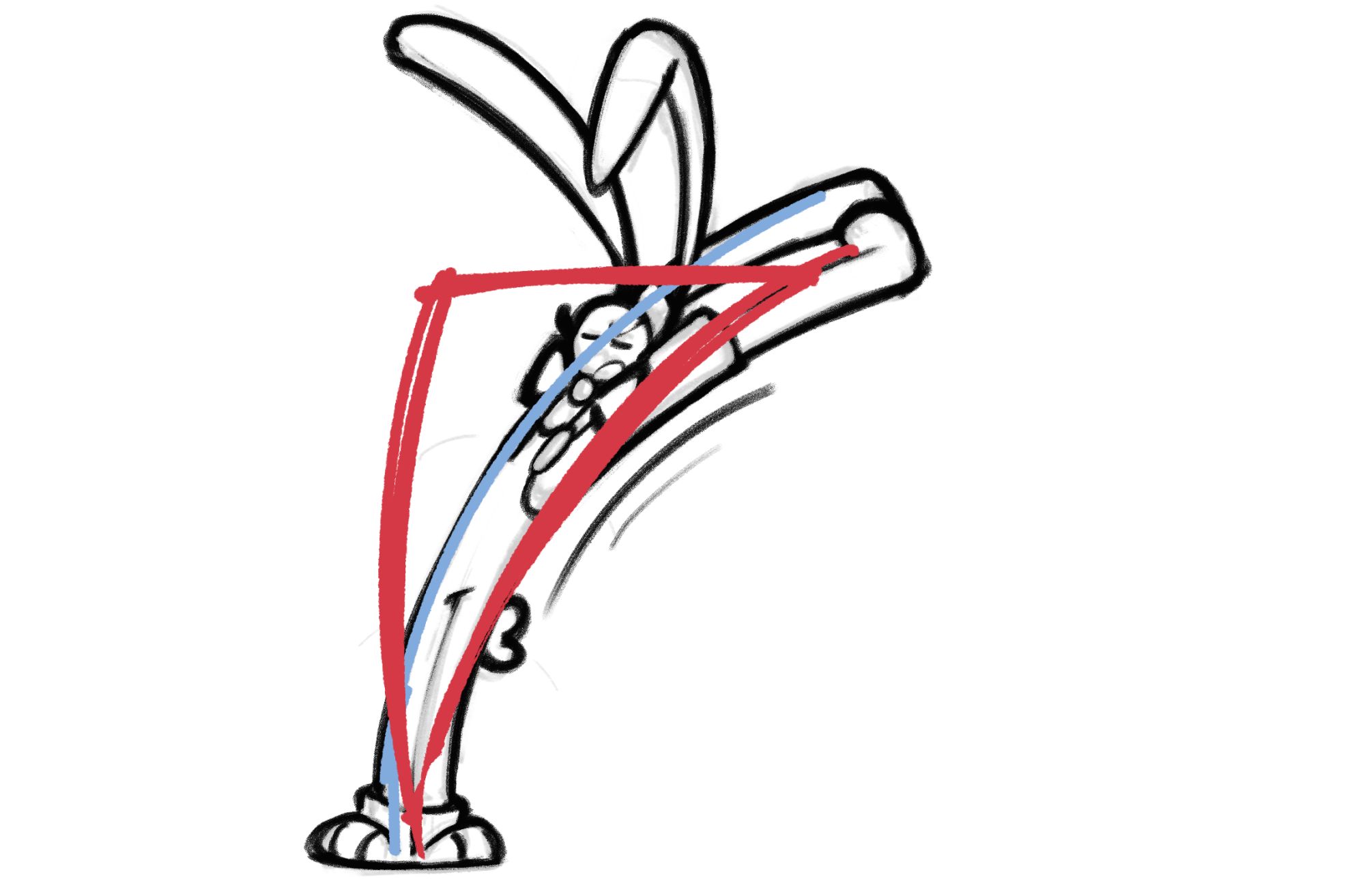 a sketch of twizz stretching with a red triangle and light blue line