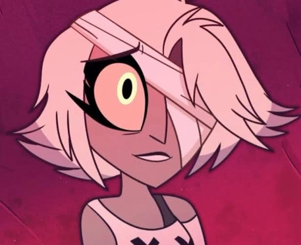 Vaggie from Hazbin Hotel, in the flashback scene when Charlie finds her and bandages her missing eye socket. She’s looking up at Charlie with reverence