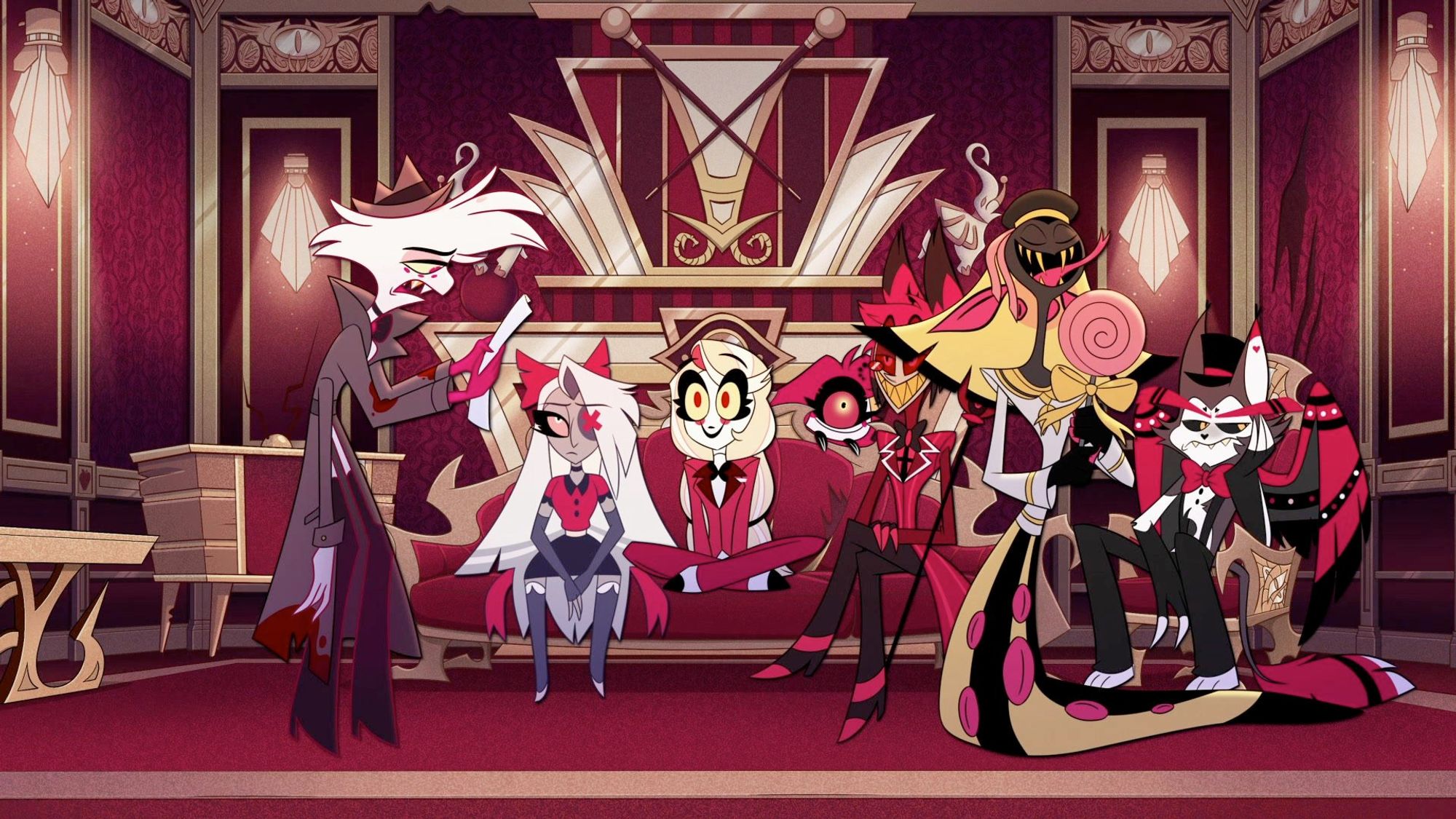 The Hazbin Hotel core cast doing a roleplay exercise in Season 1 Episode 2. Angel, on the left, in a trenchcoat and hat, is playing a drug addict/dealer. Sir Pentious, on the right in a Victorian sailor's outfit and licking a lollypop, is playing an innocent kid. The others are sitting on the couch - Vaggie looking deadpan, Charlie and Niffty excited, Alastor smiling as usual, and Husk very bored. 