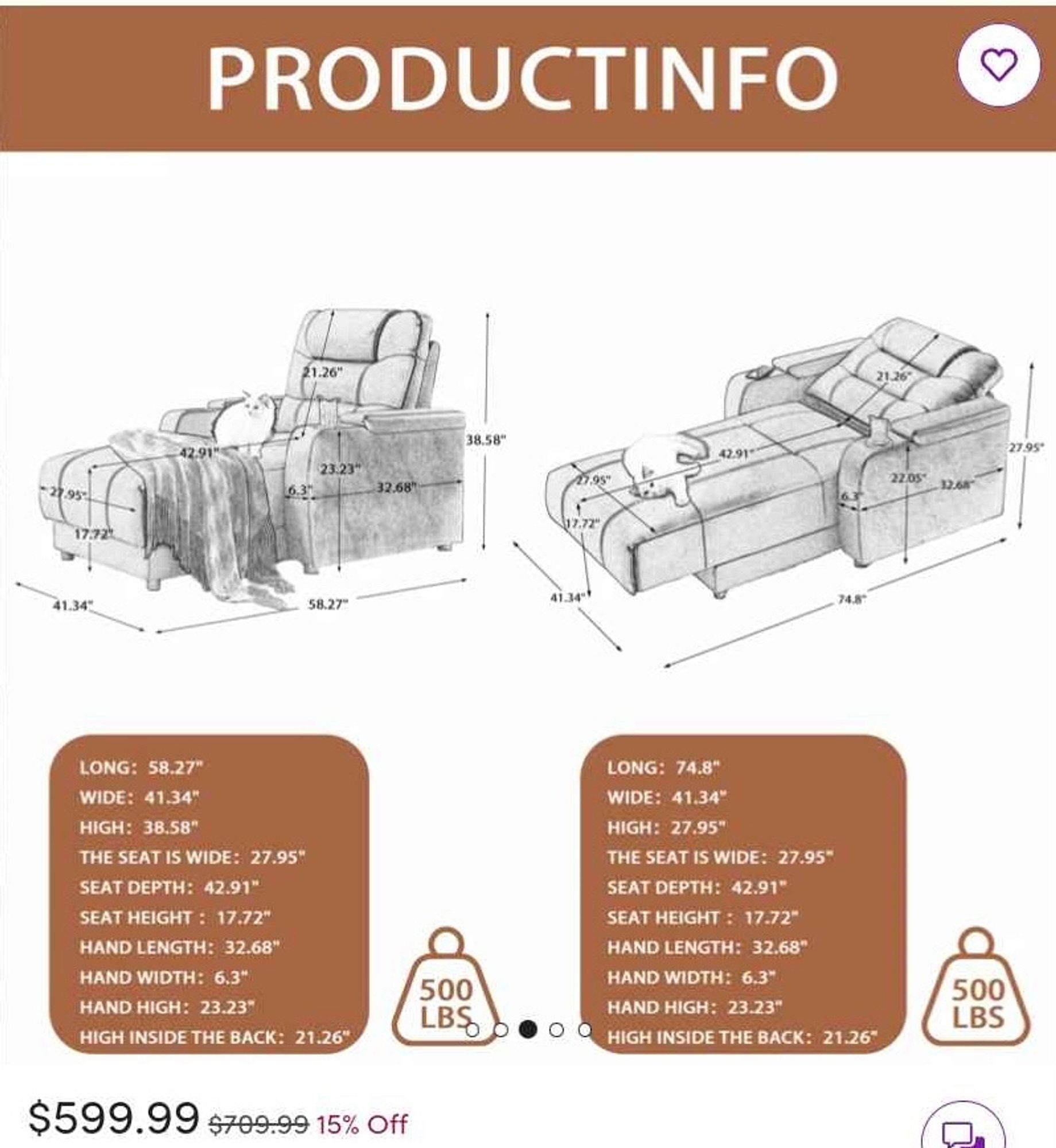 Product info with sketches of the lounge, including measurements and sketches of cats sitting or laying on the chairs