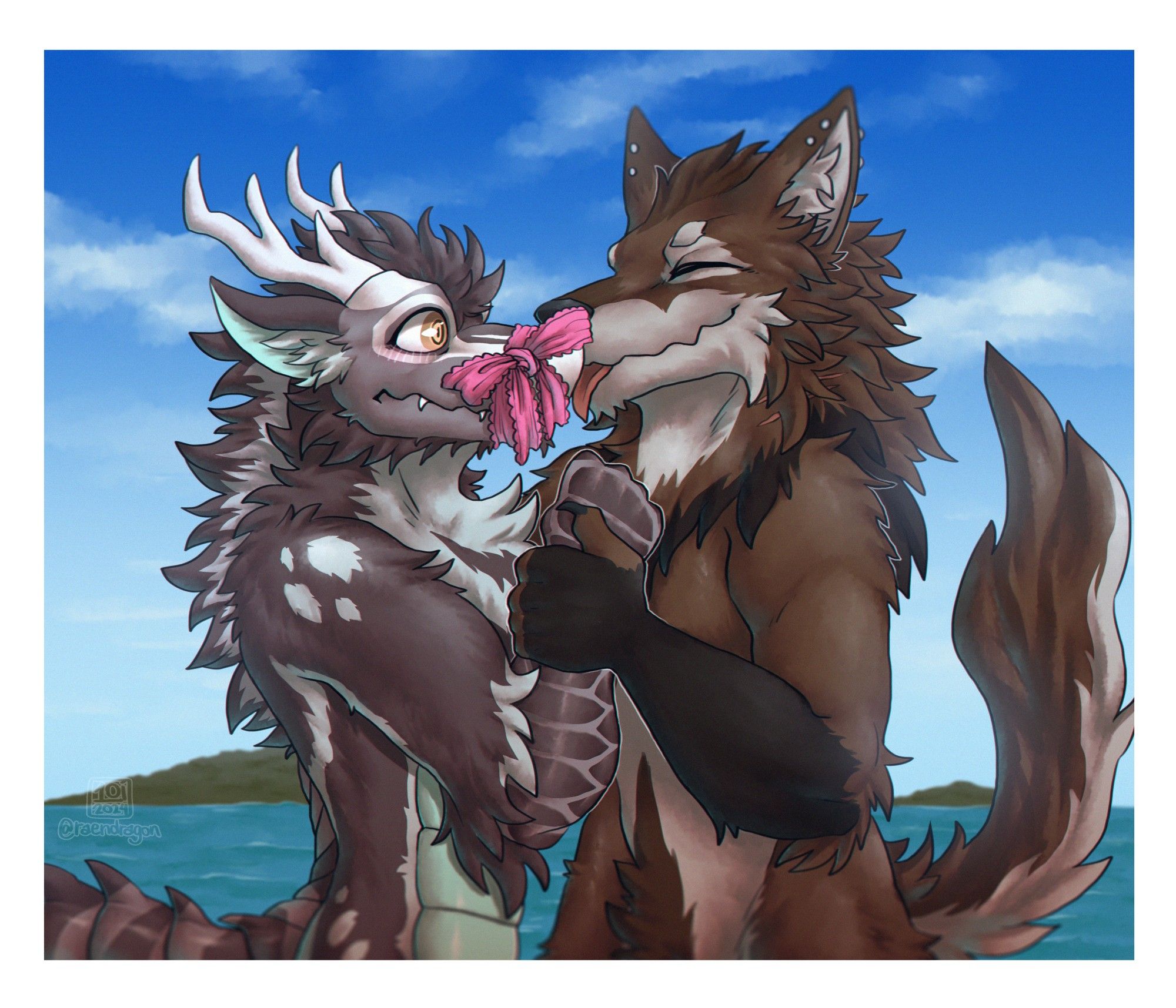 a werewolf smooching a crocodeer with a pink bow tied neatly on his snout; the smoochee appears shocked at the brazen display of affection