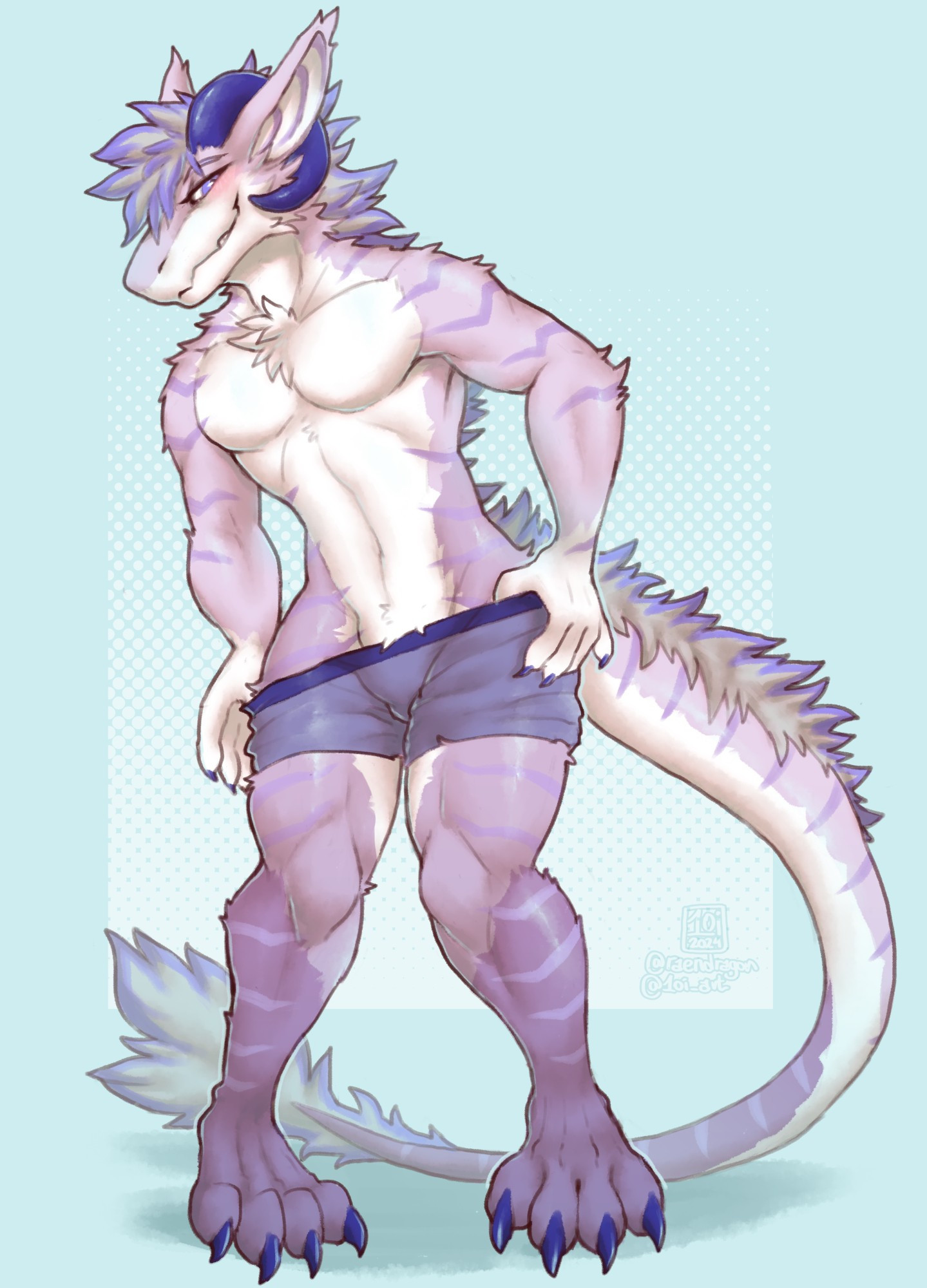 A fluffy anthropomorphic dragon seductively pulling their briefs down