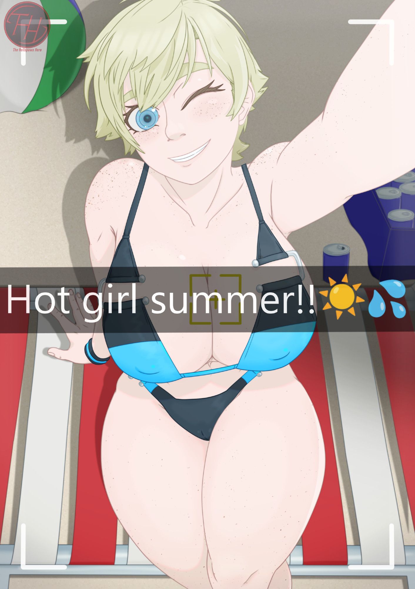 Same pose and expression as the first image, but Vivian's outfit and the backdrop have changed. She is now at a beach, sitting on a foldable lounge chair beside a cooler full of beer cans and a colorful beach ball. She is wearing a black and blue Florida bikini (design by Ryusei Hashida). A caption reading "Hot girl summer!!" with a :sunny: :sun: emoji and :sweat_drops: emoji are superimposed over the image.