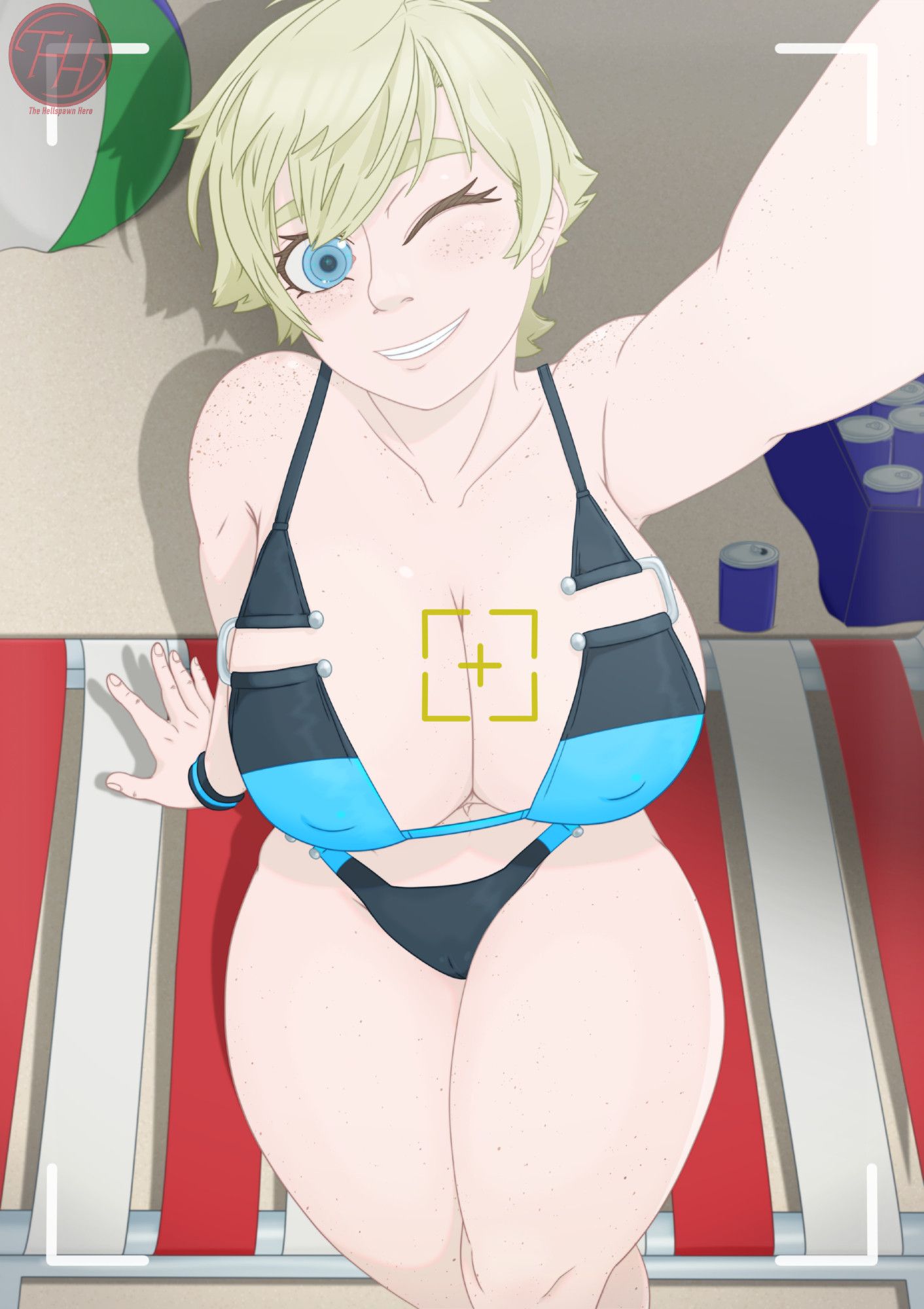 Same pose and expression as the first image, but Vivian's outfit and the backdrop have changed. She is now at a beach, sitting on a foldable lounge chair beside a cooler full of beer cans and a colorful beach ball. She is wearing a black and blue Florida bikini (design by Ryusei Hashida).