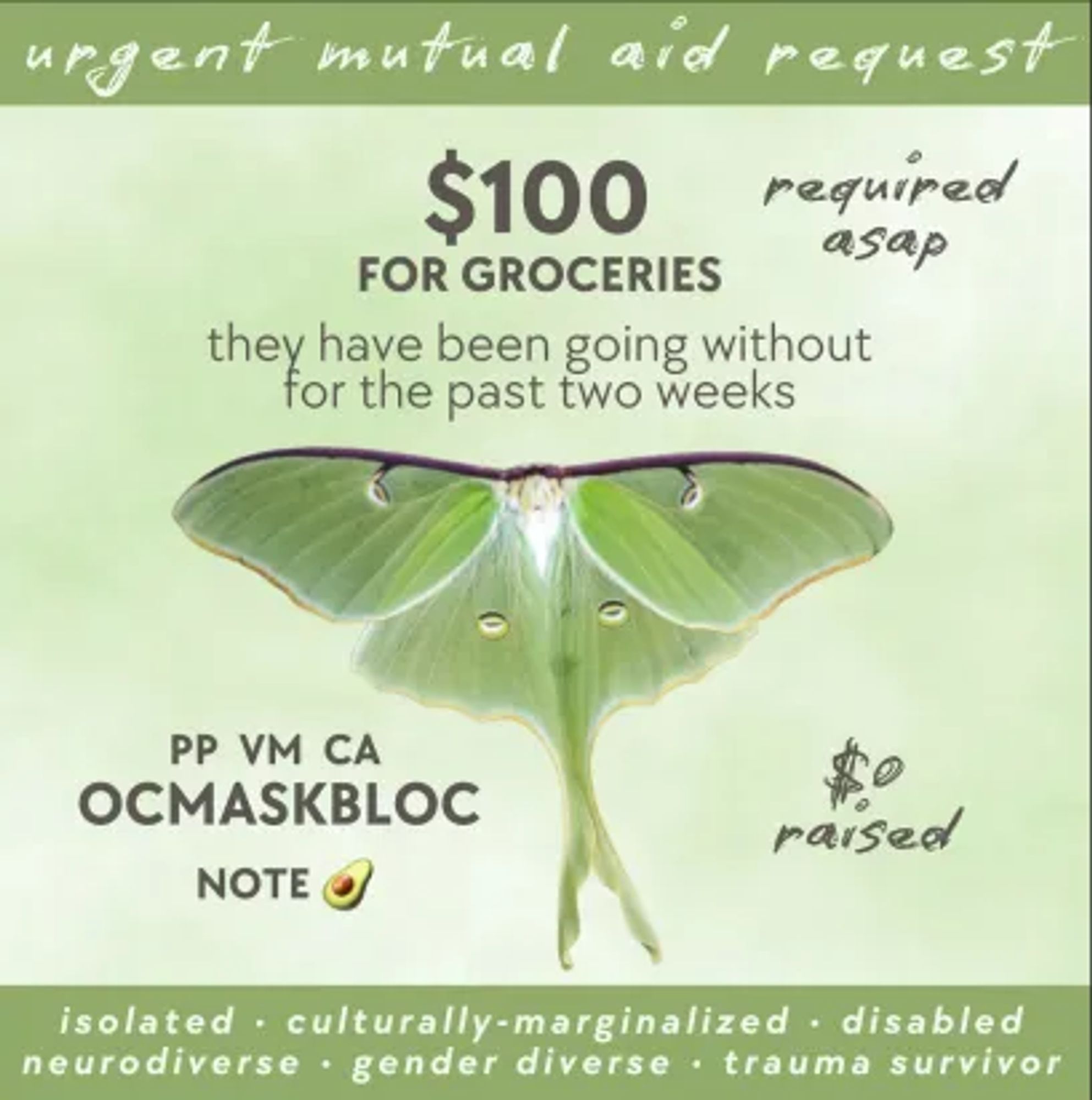 URGENT GROCERY FUNDS MUTUAL AID REQUEST

$100 required asap
$50 per day required ongoing

for an isolated, disabled, culturally marginalized, neurodiverse, gender diverse, trauma survivor who has been going without food for the past few weeks, and is mostly going without on an ongoing basis because they rely entirely on mutual aid donations, so if they do not receive donations, they go without

their highly specialized diet costs approximately $50 per day, so please consider donating regularly to ensure they have continuous access to sustenance

if 2 people donate $25 each day, or 14 people donate $25 each week, they'll have all the sustenance they need

donations of any amount are welcome, and every little helps

PP VM CA: OCMASKBLOC
NOTE: 🥑 