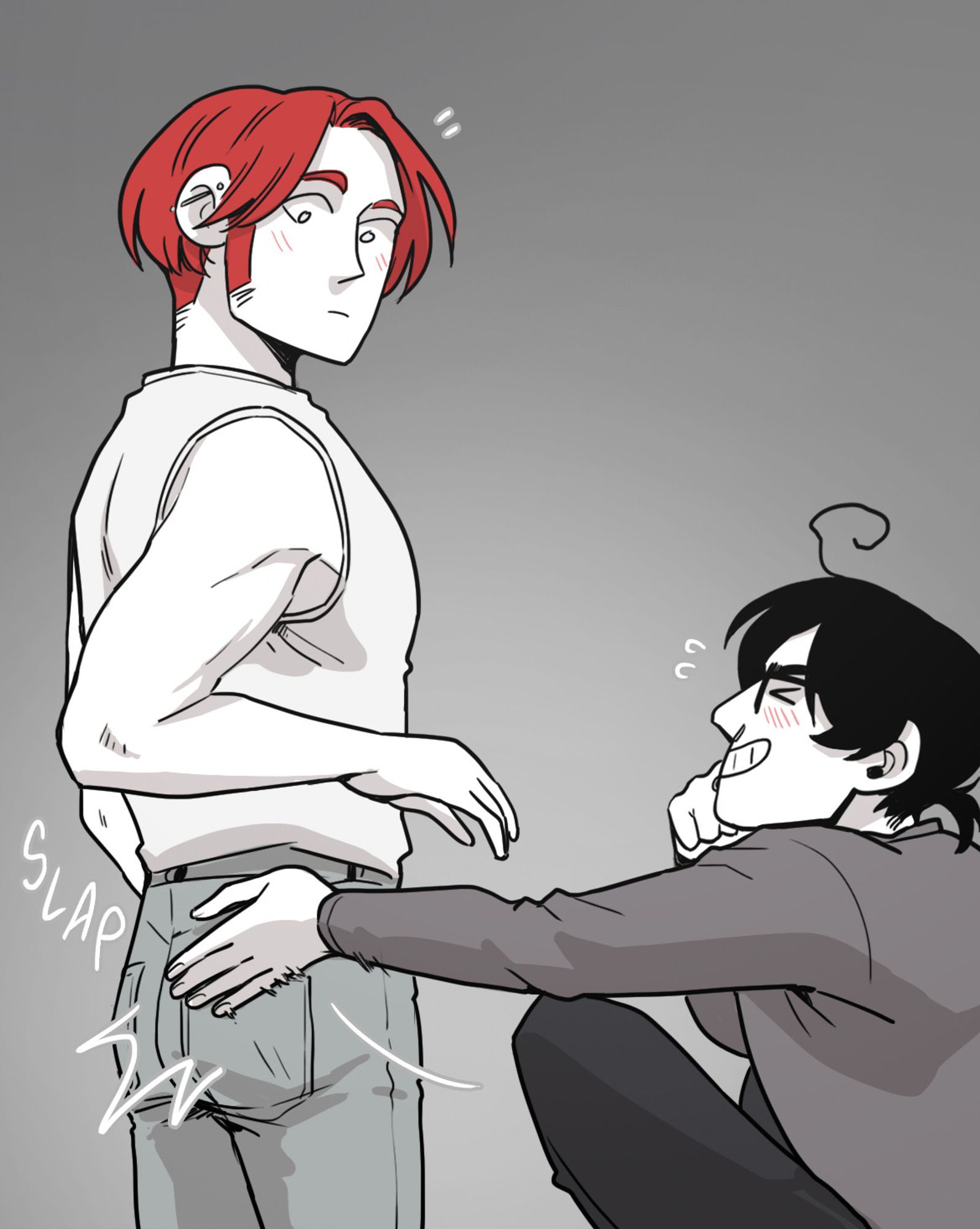 A panel from my webcomic Transfusions in which Joa's curret boyfriend Dylan is giving Joa's butt a cute little slap.