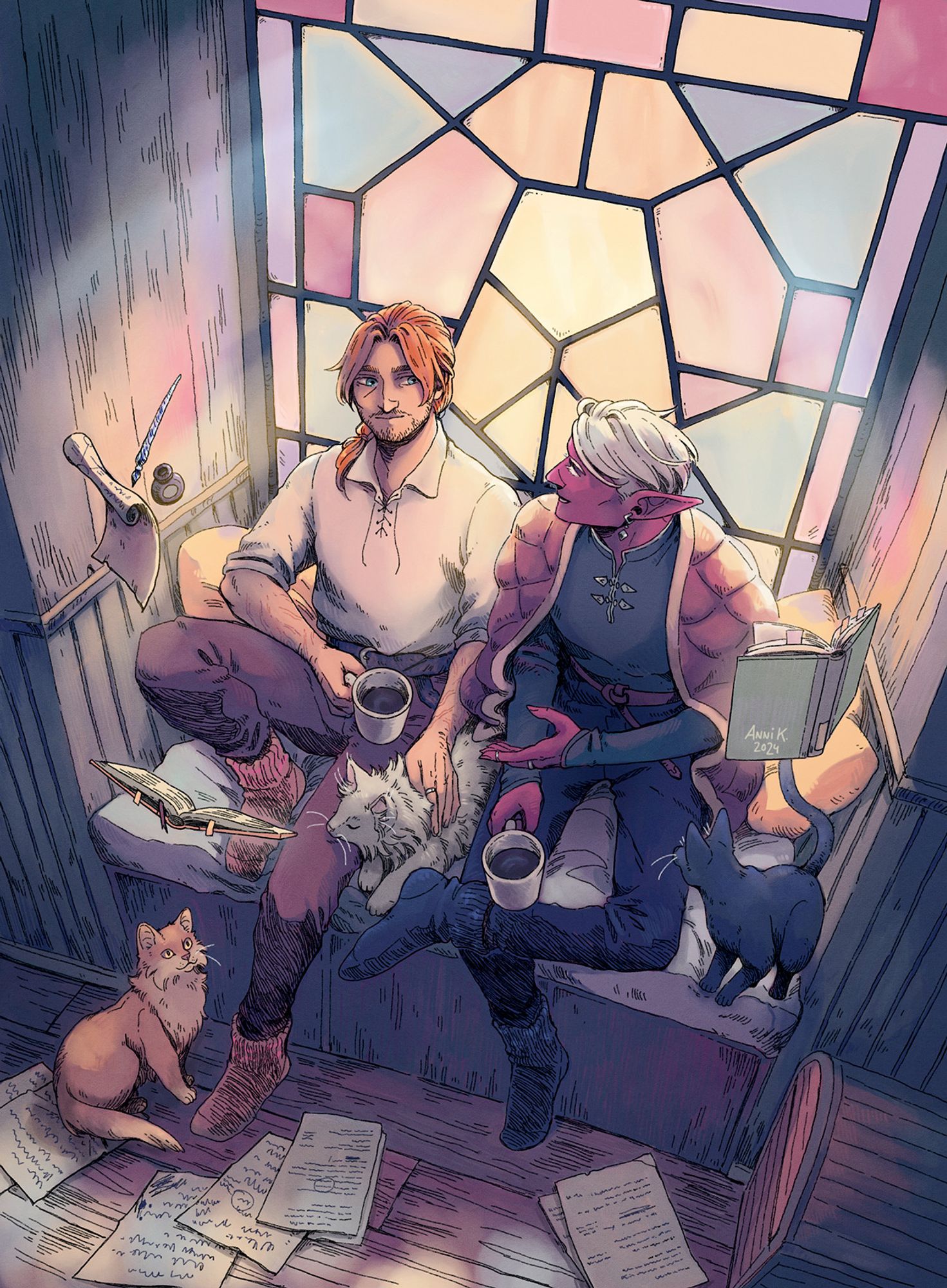 Digital illustration of two wizards Caleb and Essek, characters from Critical Role, sitting cozily by a big stained glass window. Some books and notes are floating in front of them, more notes are spread on the floor. They are having a conversation, and they are holding coffee mugs. There are three cats, one sitting on the floor, listening, one sleeping between them and one sitting next to Essek, looking at him.