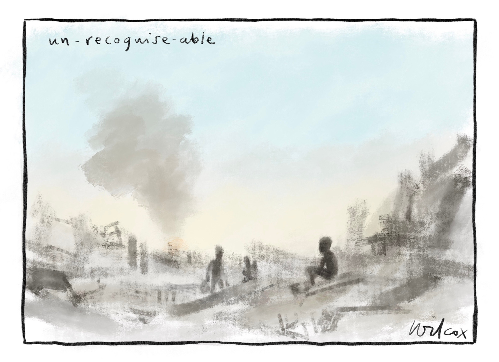 Single frame. Dystopic wasteland, with a few ghostly figures, smoke rising from rubble.
Title: un - recognise - able