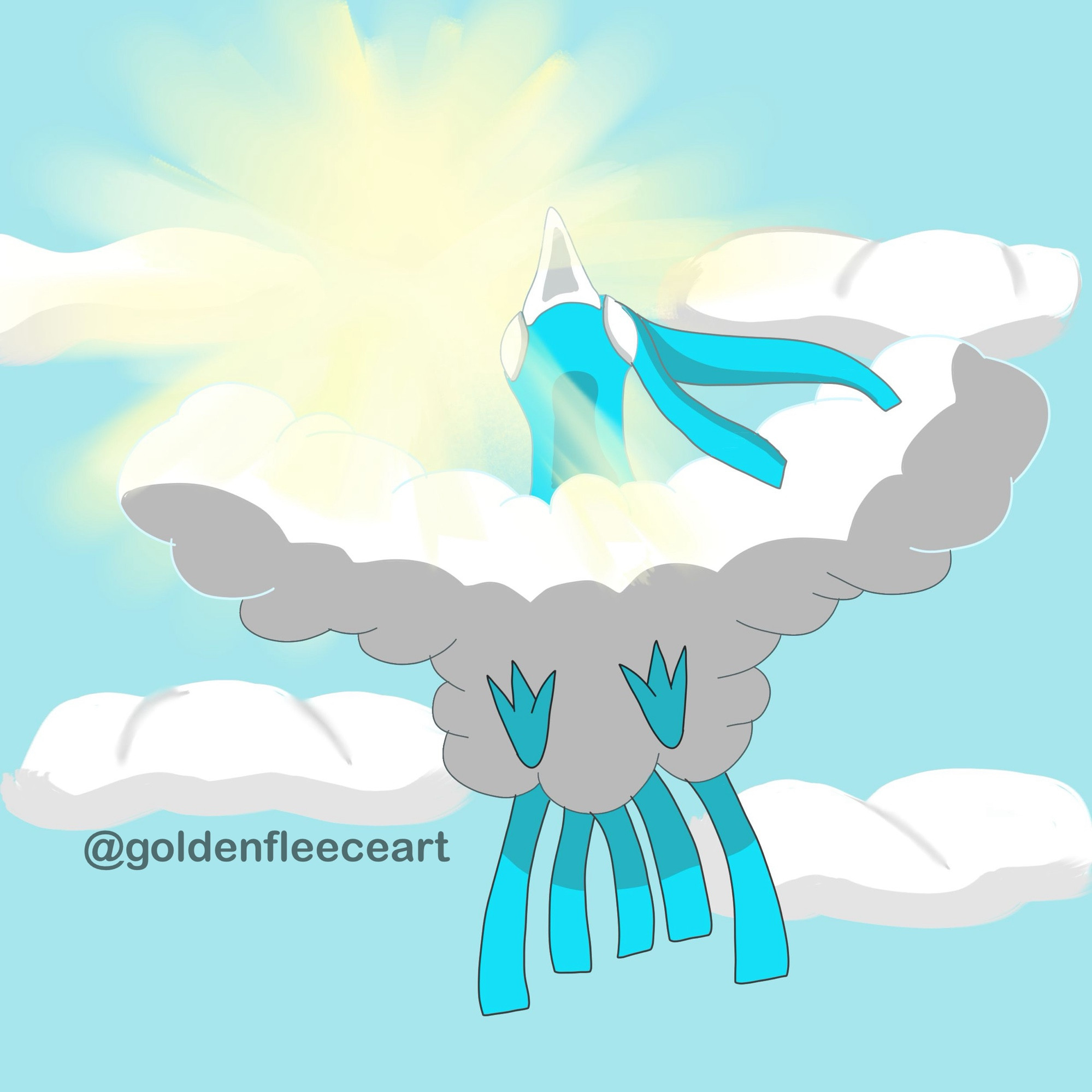 A digital drawing of Altaria, a pokémon, flying with a sky background. Altaria is blue and white, and resembles a bird with a cloud-like body. 