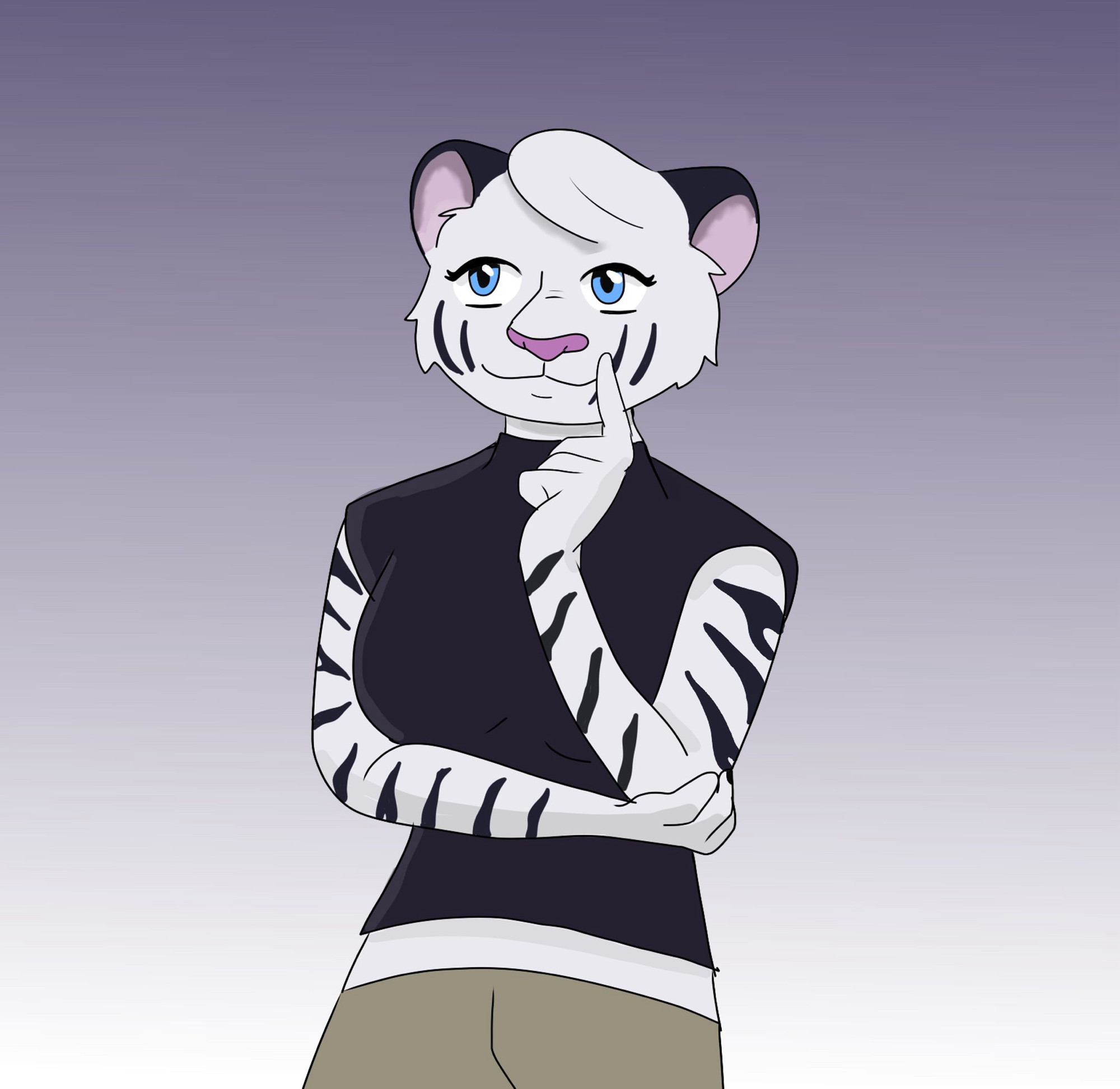 A digital drawing of an anthropomorphic white tiger from the waist up. They have a thoughtful expression. 