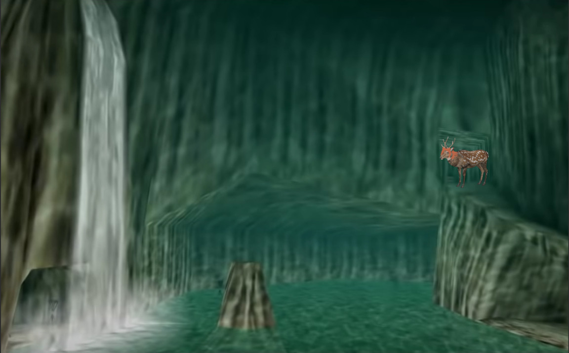 Zora's domain hub area from The Legend of Zelda: Ocarina of Time for the N64. Has a soothing music.

At the distance, a deer hangs around.