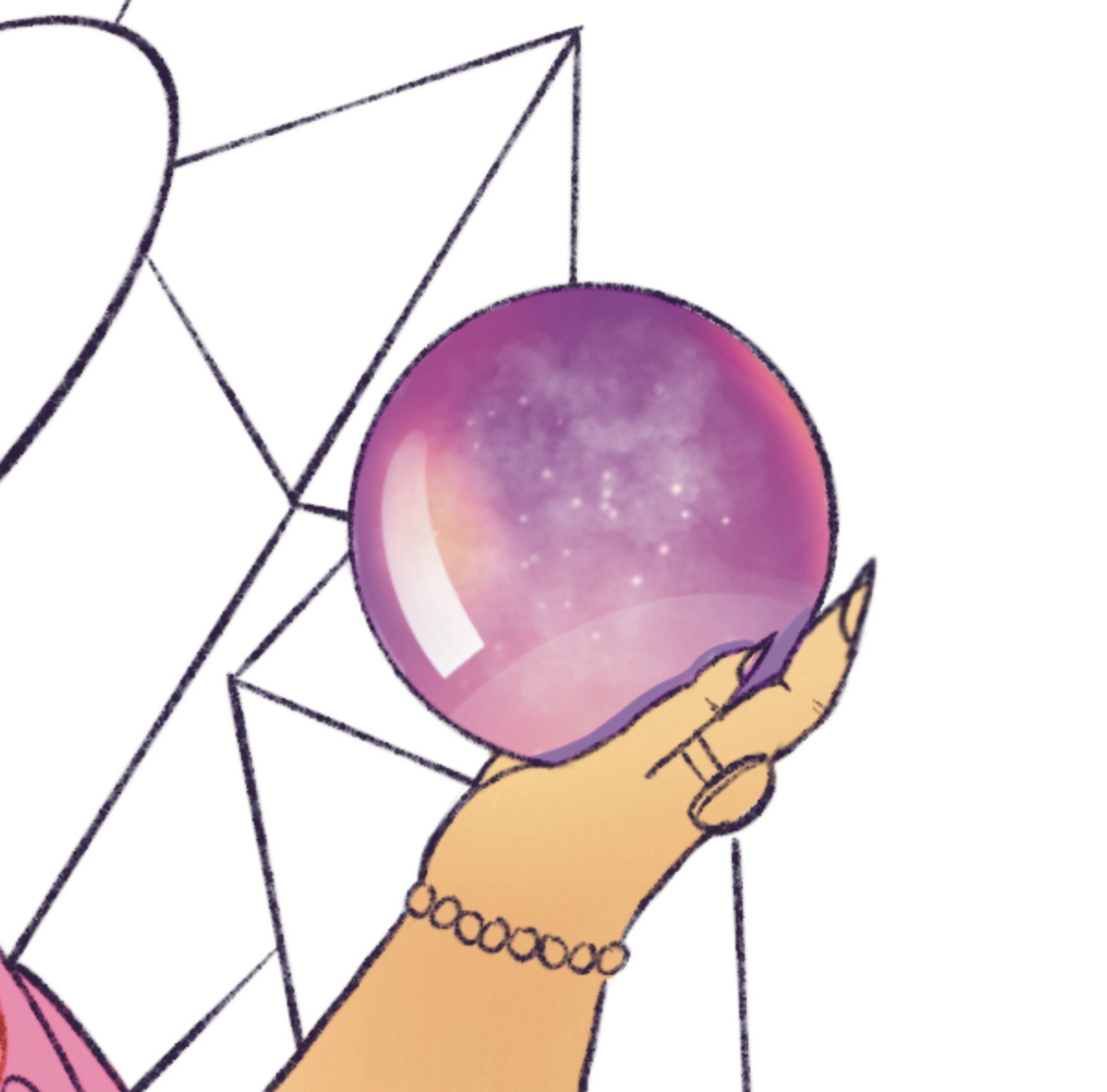 Digital drawing close up of a tan hand holding a purple crystal ball