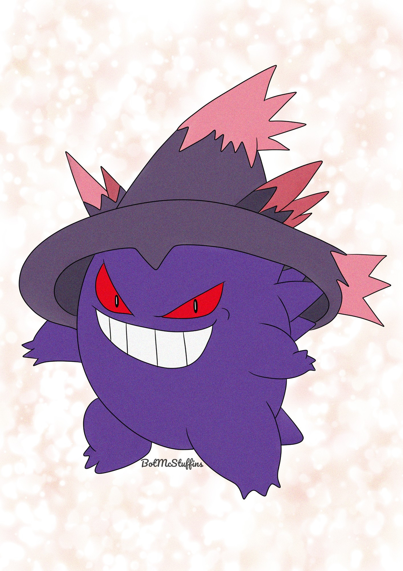 A digital drawing of the Pokemon Gengar, wearing a Mismagius hat, with orange speckled light background.