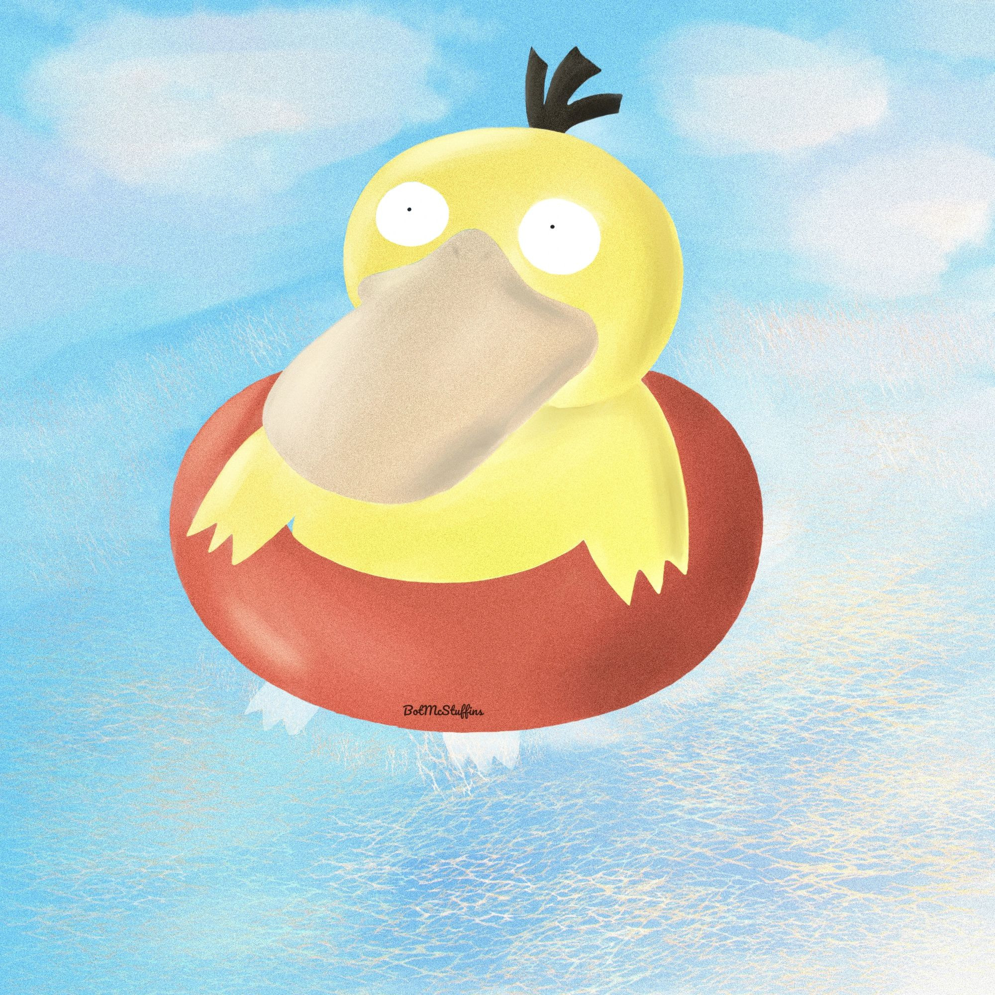 A digital drawing of the Pokemon Psyduck, floating on water in a red rubber ring.