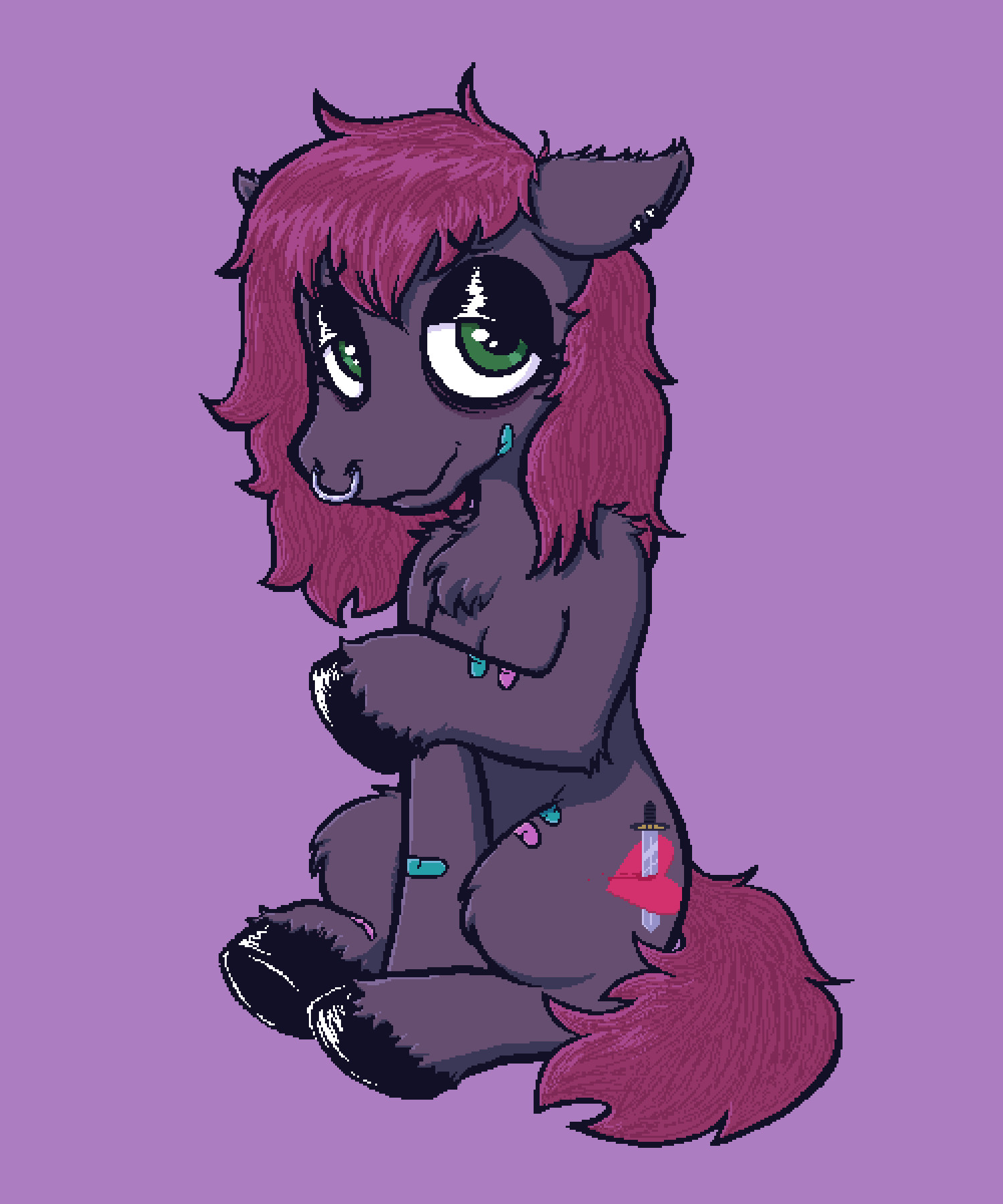 a grey pony with a messy crimson mane. pink and blue bandages are placed along her front and back legs, as well as her cheek. her cutie mark is a sword penetrating a heart. hmm what could that mean? i don't like explaining art... i mean, its a heart being stabbed, man, it ain't the most subtle symbolism... but obviously she deals with a lot of emotional suffering, OKAY DONE EXPLAINING IT.