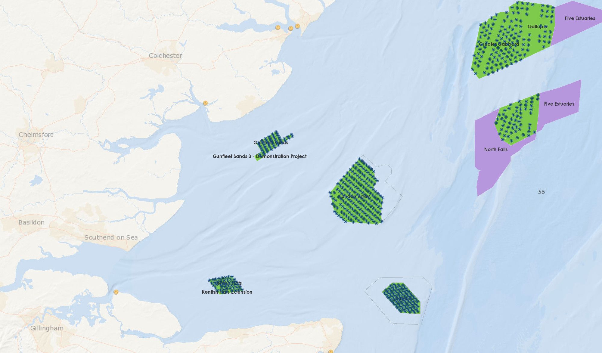 Screen capture from map.4coffshore.com/offshorewind showing offshore wind farms east of London.