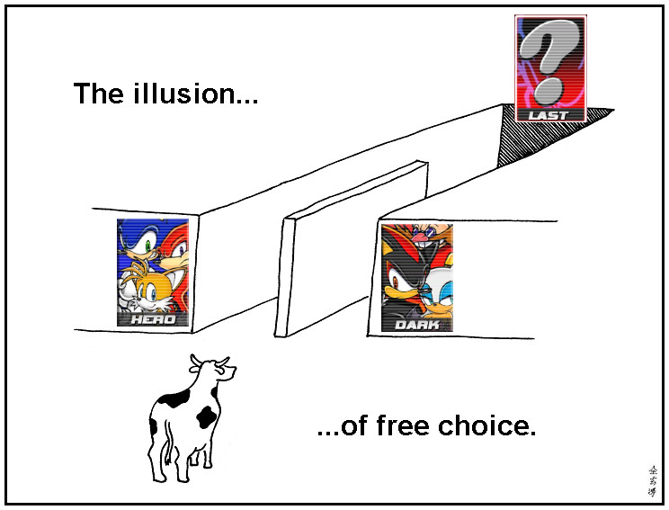 A cow stands in front of two paths - one is marked 'HERO', the other is marked 'DARK', referencing the two story mode options in the game Sonic Adventure 2. However, the cow cannot see the fact that both paths converge into one path, marked 'LAST' - also like in Sonic Adventure 2.