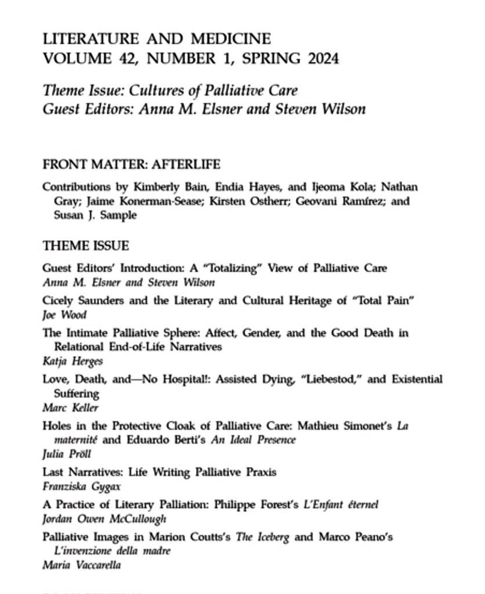 Contents page of special issue on cultures of palliative care