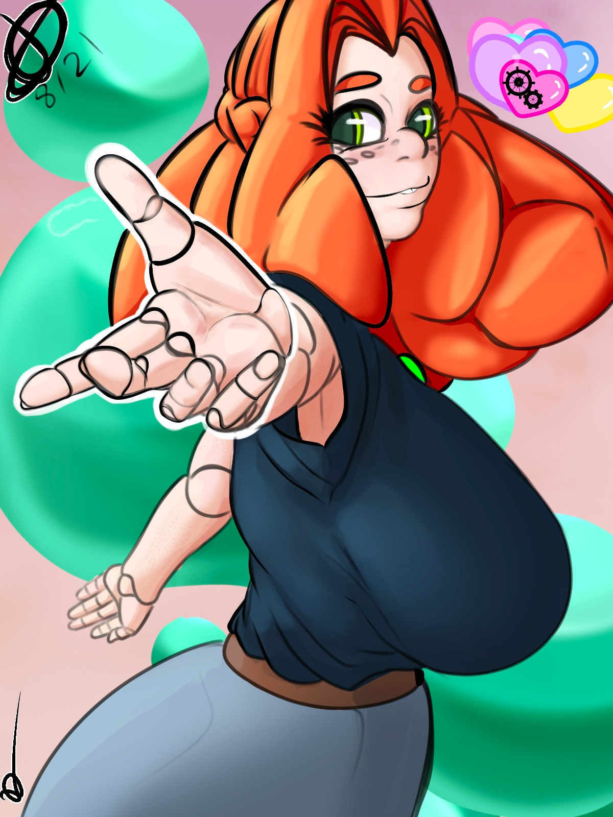 Pepper holding out her hand and leaning forward Infront of an abstract green blobby background wearing a dark blue shirt and blue jeans. Her orange poofy swirly hair swishing around as she turns