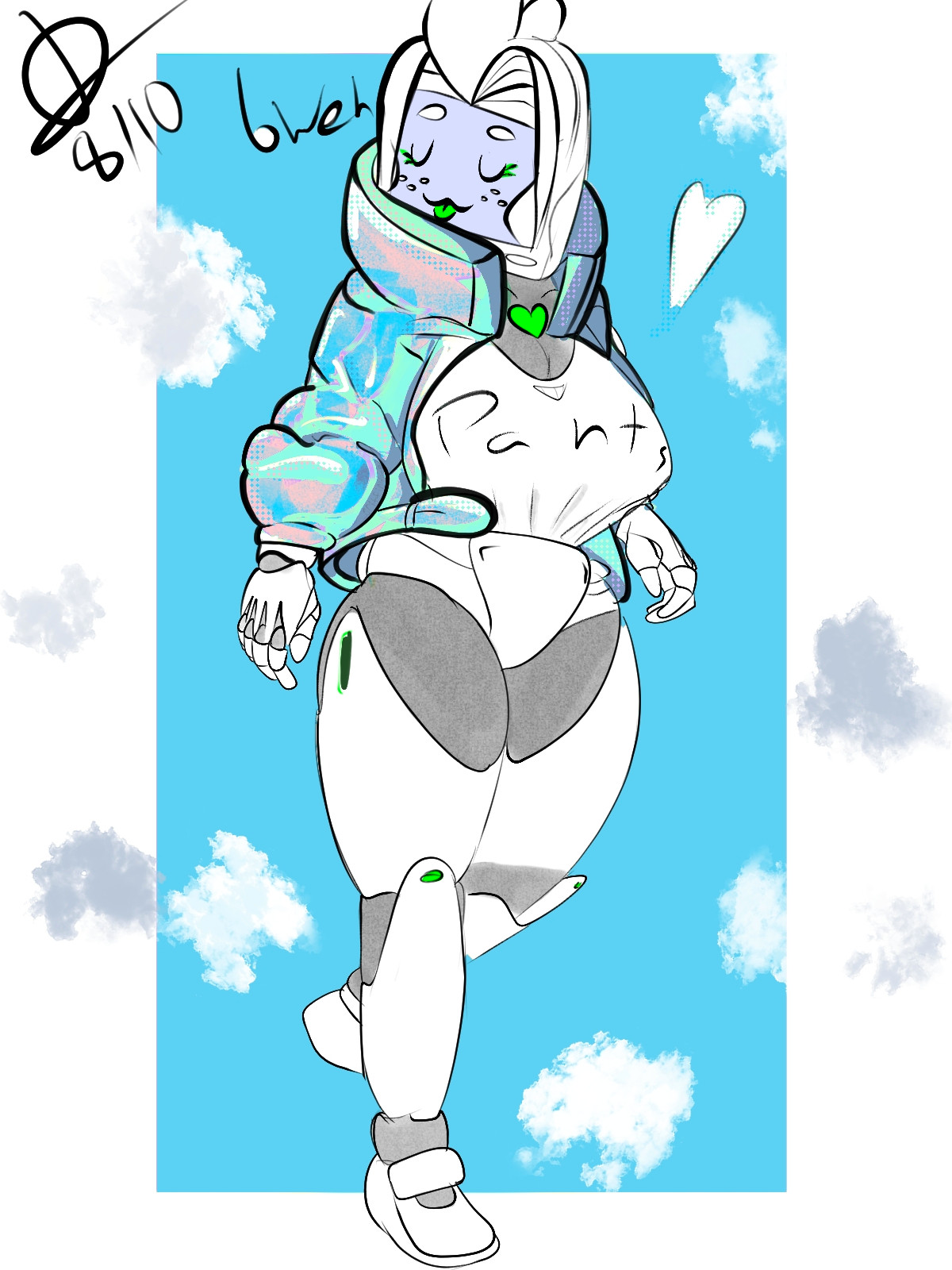 A mechanical girl with a screen face sticking out her green tongue playfully, wearing a holographic puffy jacket Infront of a sky blue background with white and grey clouds.