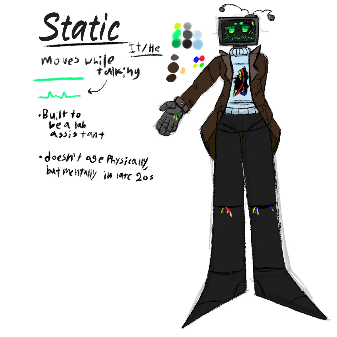 An image of our main oc, Static, with their jacket, which is brown and stitched together in some places, with lighter brown around the wrists and collar. They are a dark grey TV head with darker almost black legs, it has a black screen with neon green facial features. He is wearing a light blue sweater.