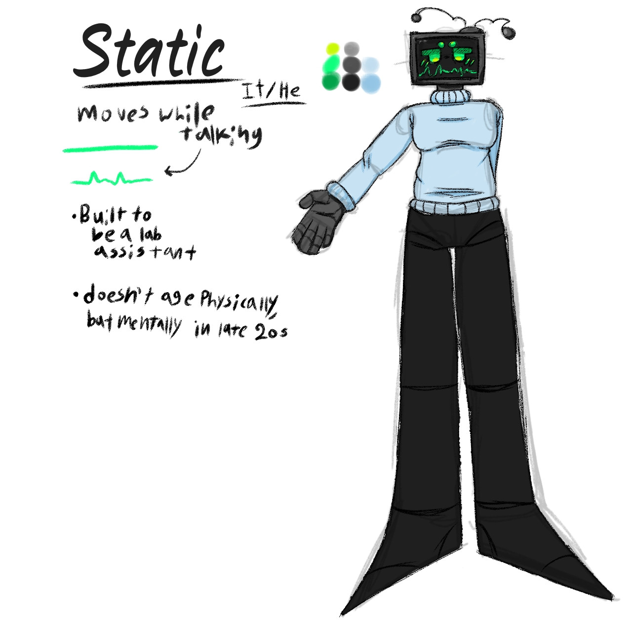 An image of our main oc, Static, without their jacket. They are a dark grey TV head with darker almost black legs, it has a black screen with neon green facial features. He is wearing a light blue sweater.