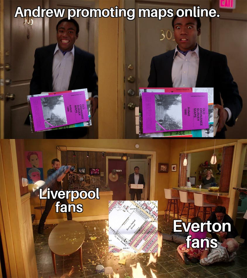 Meme showing Andrew trying to promote a beautiful map to opposing football fans. Both love the city though, and our range is brilliant for that city.