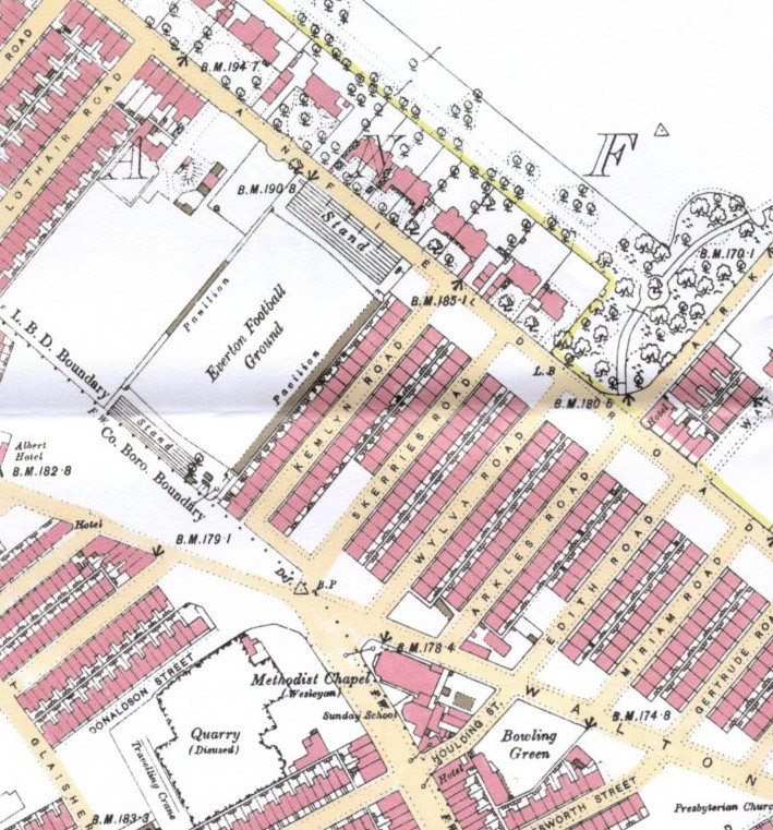 Sample of our handsome coloured map, showing Everton's pre-Goodison home ground!