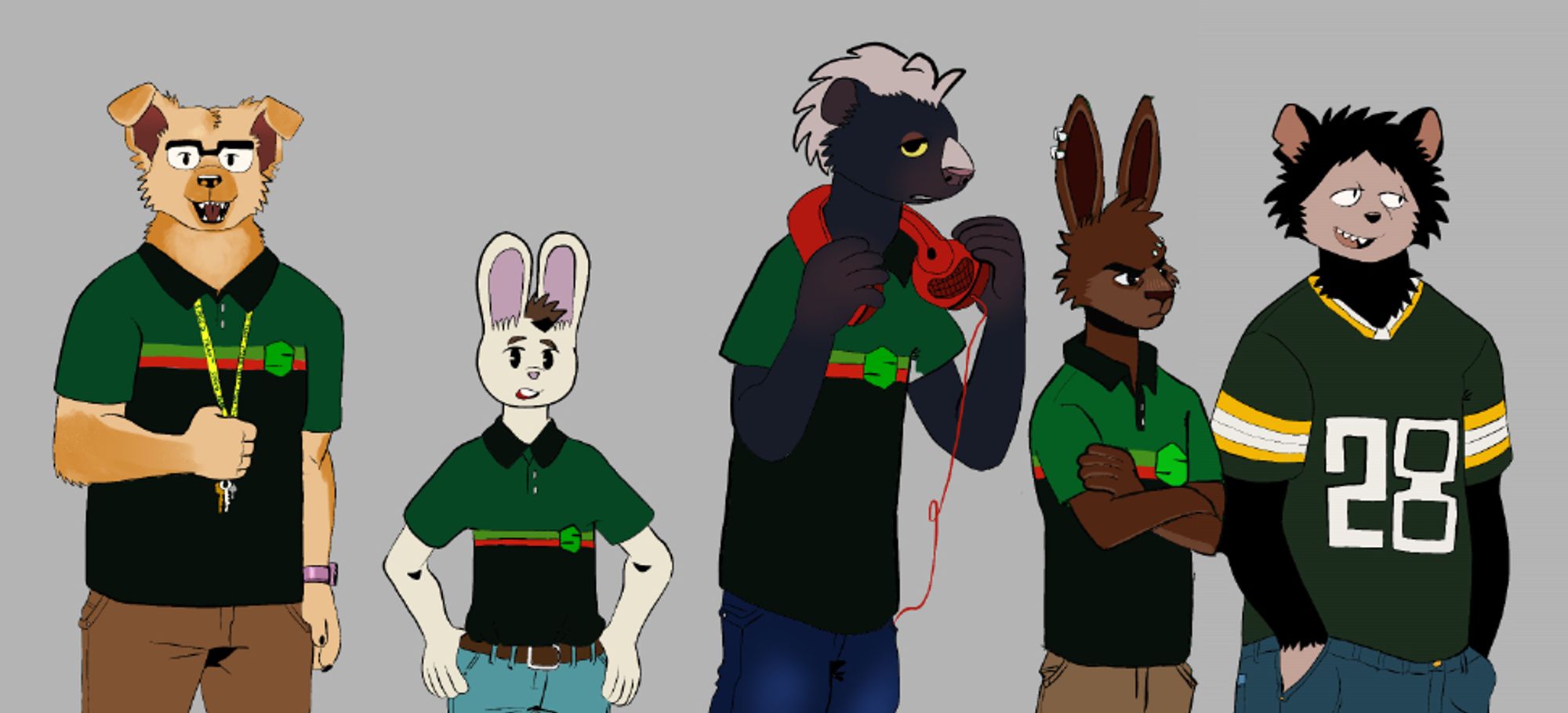 Ethan, Aaron, Cimarrion, LaDarius, and Cody stand side-by-side in order. They are arranged in a variety of neutral poses.