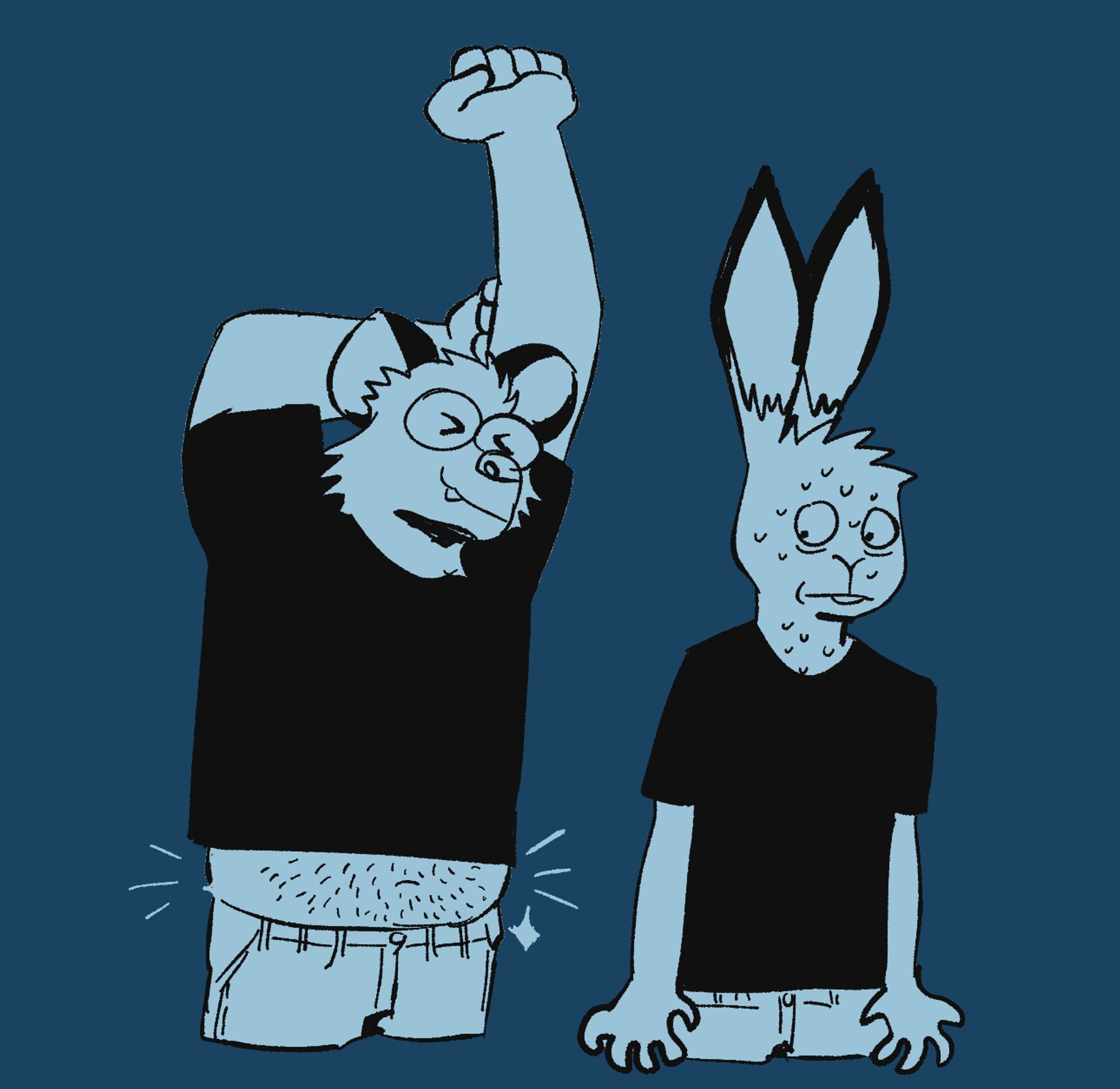 A sketchily-drawn hyena and rabbit stand next to each other. The rabbit notices the hyena's belly fuzz peeking out when he stretches, clenching his hands in nervous excitement.