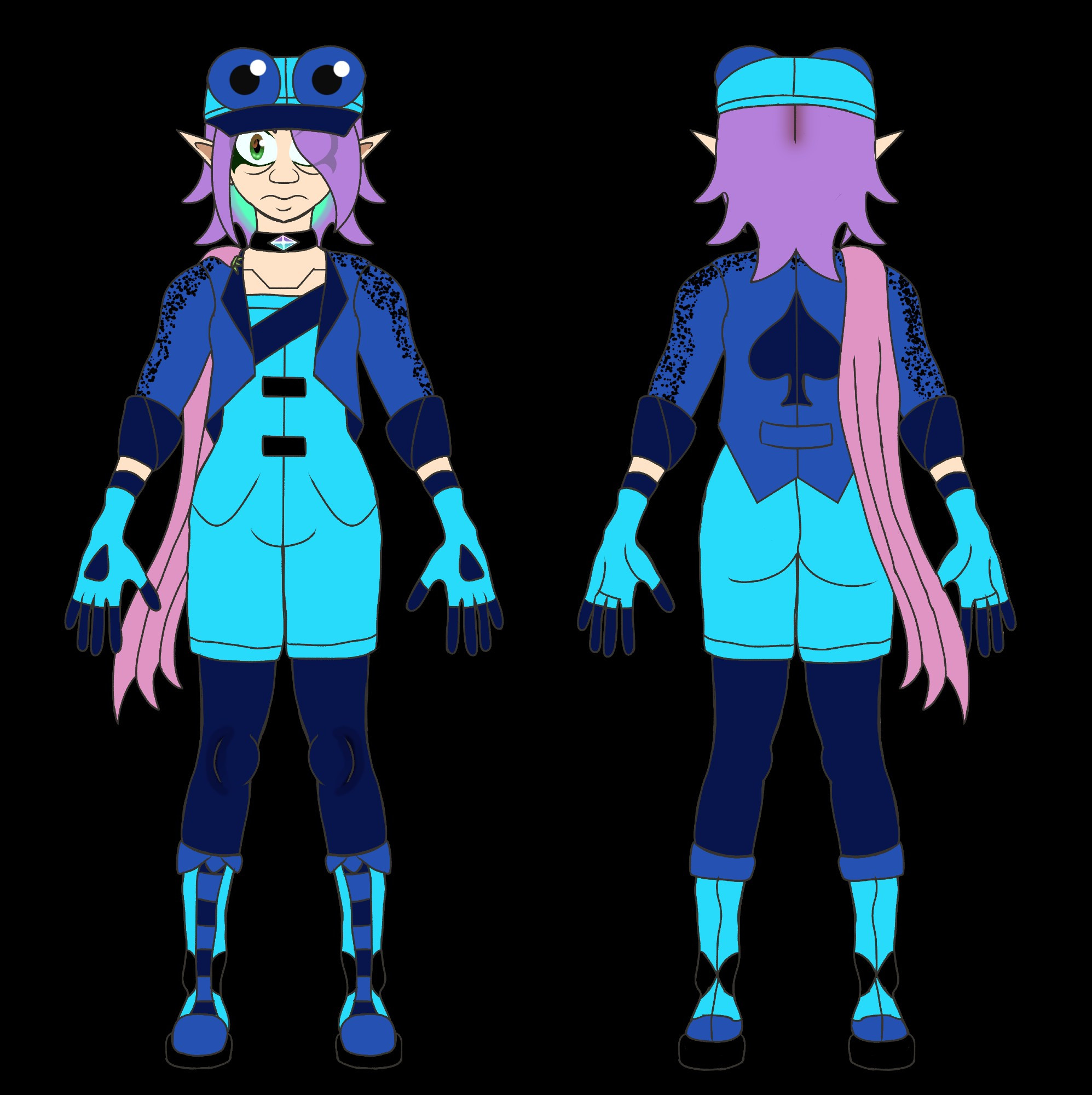 The front / back view of a pointed ear pale humanoid with hazel-green eyes, and above-the-shoulder length lavender hair with turquoise undercolor. They wear a light blue romper, dark blue elbow-length jacket with black accents over it, darker blue legwear under it, calve-length boots, light-and-dark-blue gloves, a pink scarf that reaches their hips connected to the jacket with a green crown-shaped pin. They also wear a small hat with exaggerated eyes on top of the brim. On the back of the jacket is the symbol of the spade card suit.