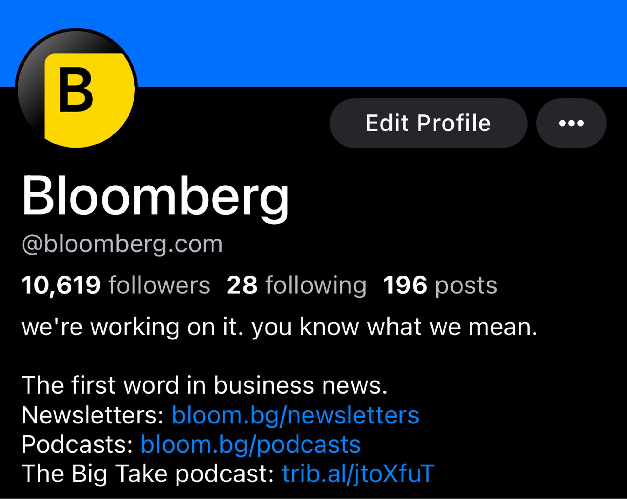 A photo of our profile showing that we’ve changed our handle to @bloomberg.com