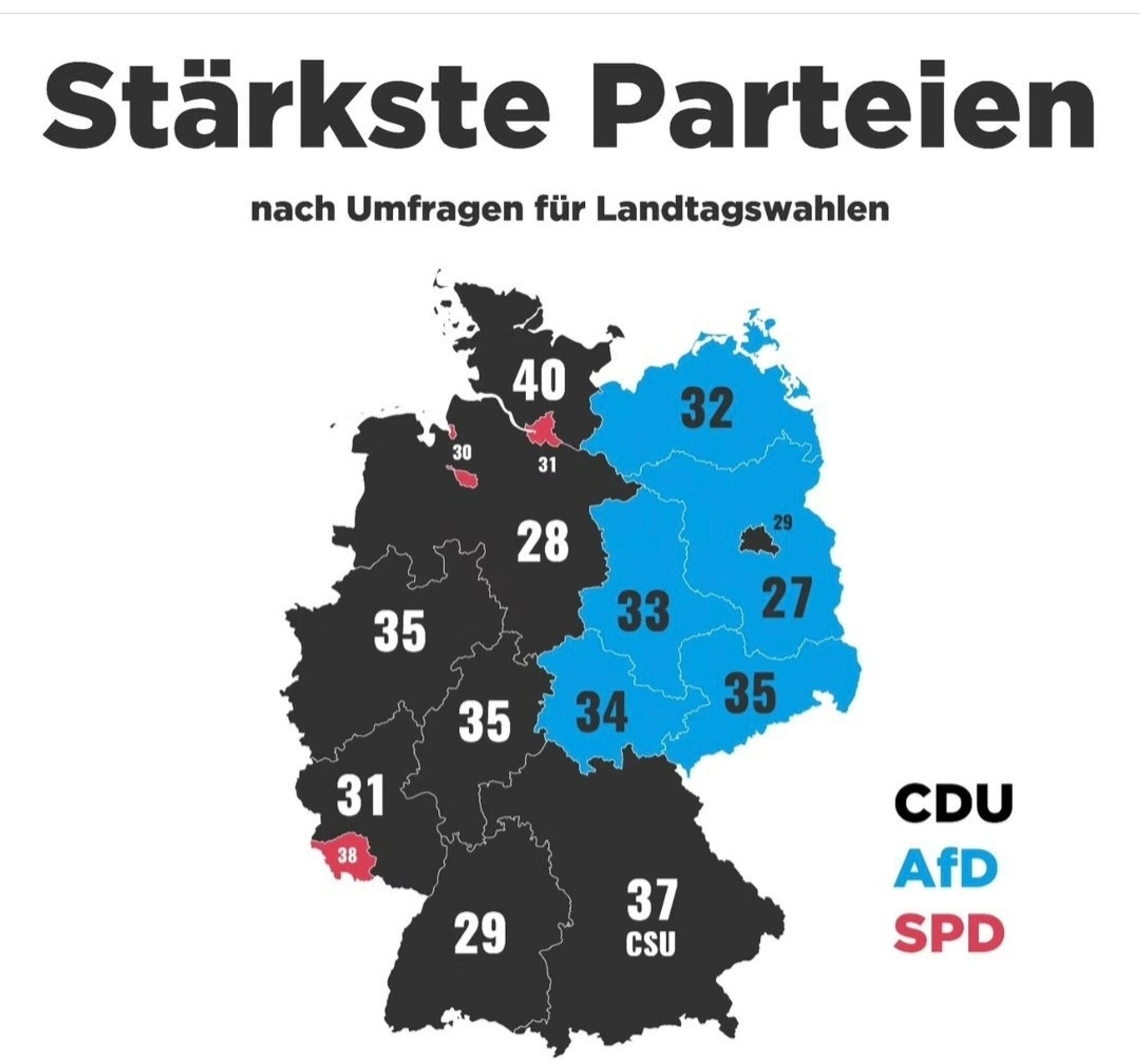 Eine grafische Darstellung der Bundesrepublik mit den Landesgrenzen. Große Teile des Westens sind in schwarz dargestellt, die neuen Bundesländer in blau. Einige Stadtstaaten und das Saarland in rot. Große Zahlen sind in jedem Land abgebildet, daneben eine Farblegende und die Abkürzungen dreier Parteien