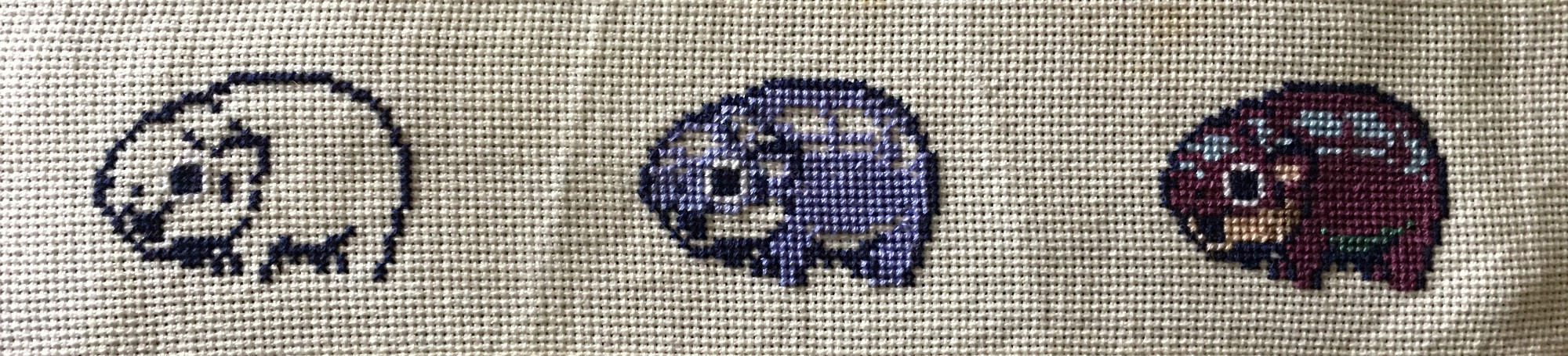 Pixelated version of Moo Deng, a Pygmy Hippopotamus in a Thailand zoo, commonly found with mouth wide open in a scream, rendered into cross stitch three times on aida fabric