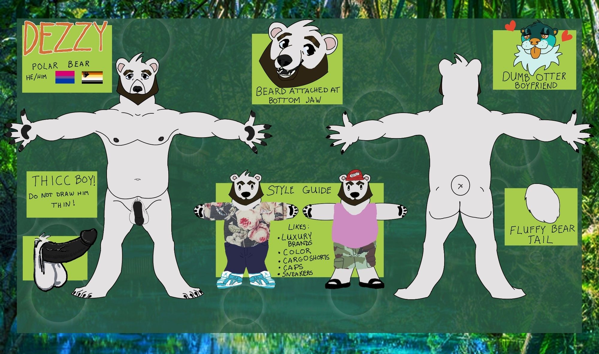 Polar bear ref (nsfw) shows his fat hog and droopy balls.

Additionally:
Style guide for a bougie bitch
Some notations about the character design
His name, pronouns and flags