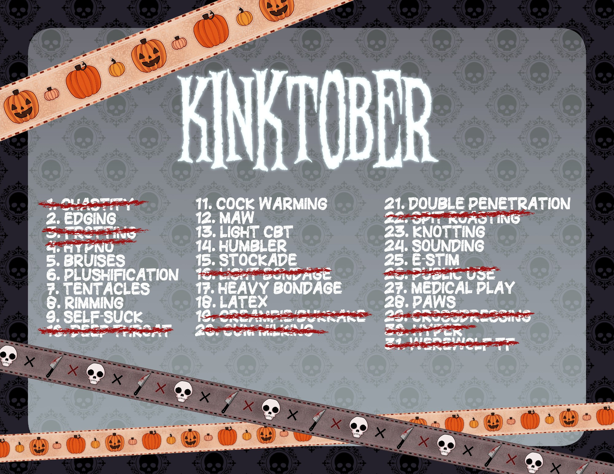 Kinktober prompt list. Plain text version is in the linked application form.