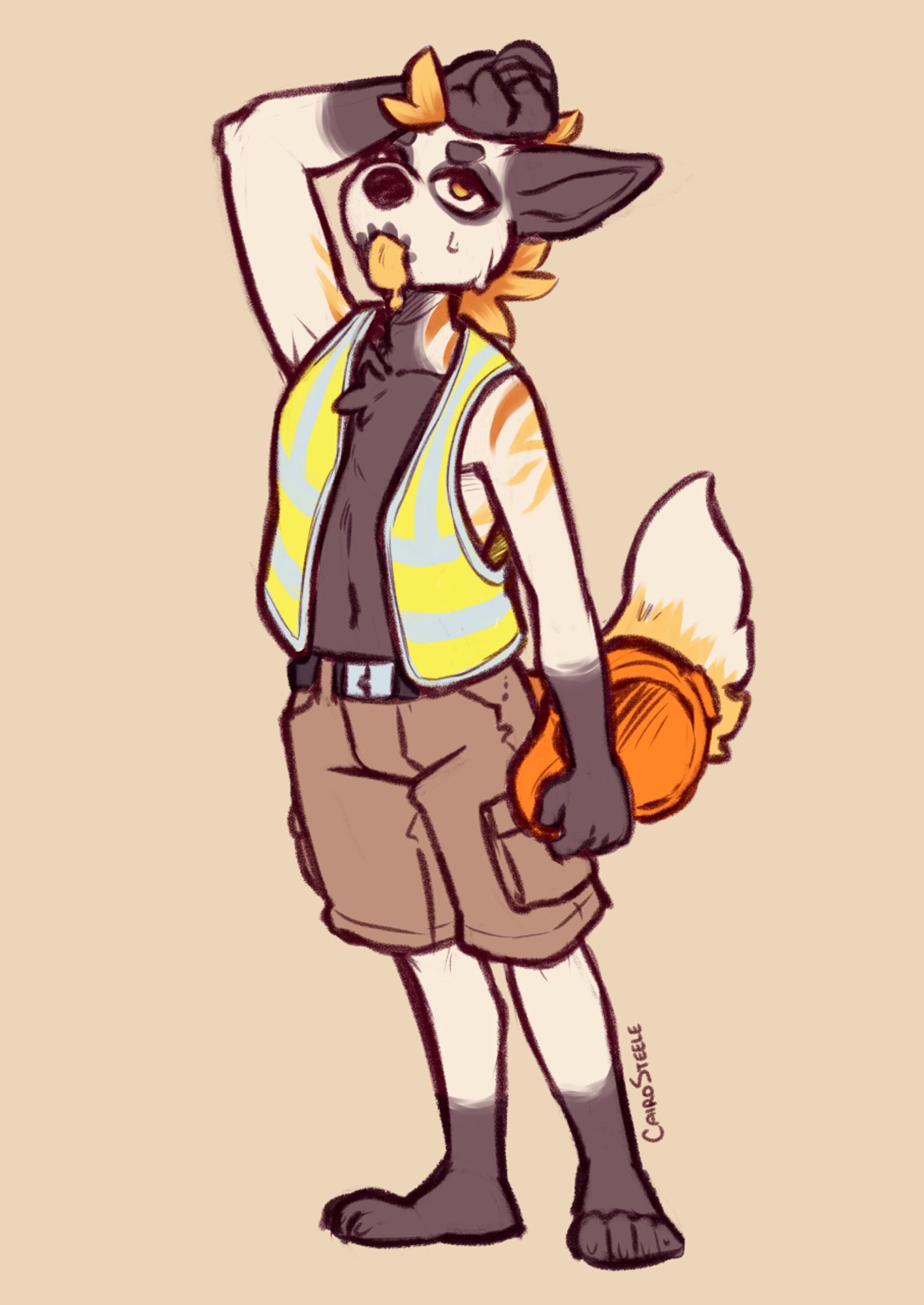 An anthro hyena. They're white and black with orange and yellow markings. They're wearing cargo shorts and a high-vis construction vest, and holding a hard hat in one hand while wiping their brow with the other. Their tongue is hanging out and they look hot.