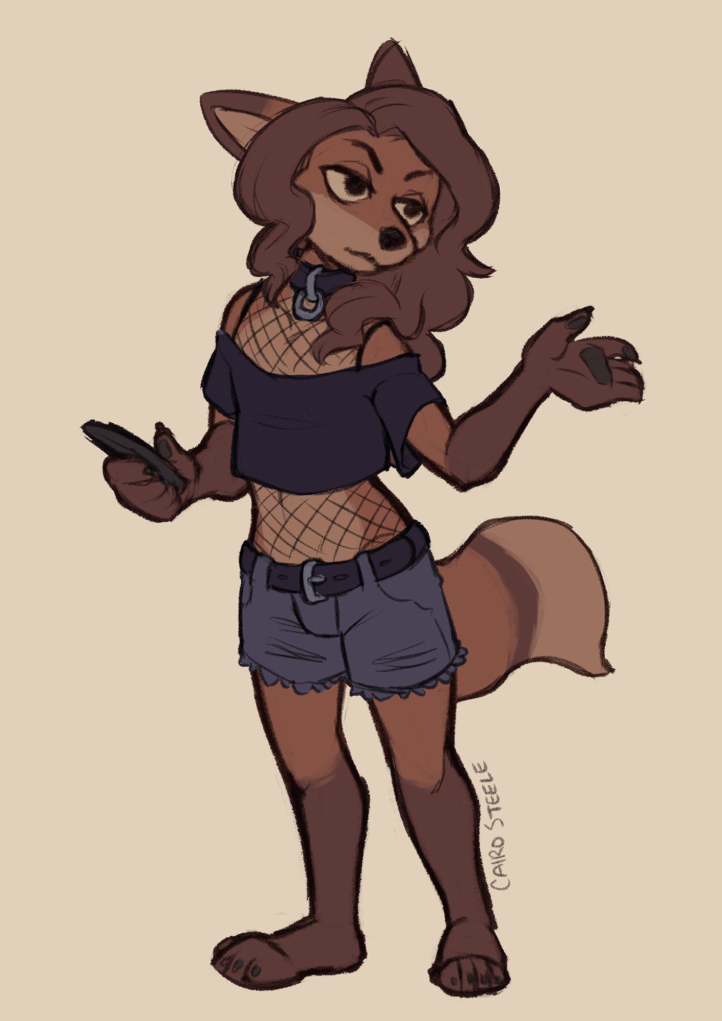 Luca, a brown fox boy, wearing a black collar, a black boatneck crop top over a mesh tank, and dark gray booty shorts. His hair is down.