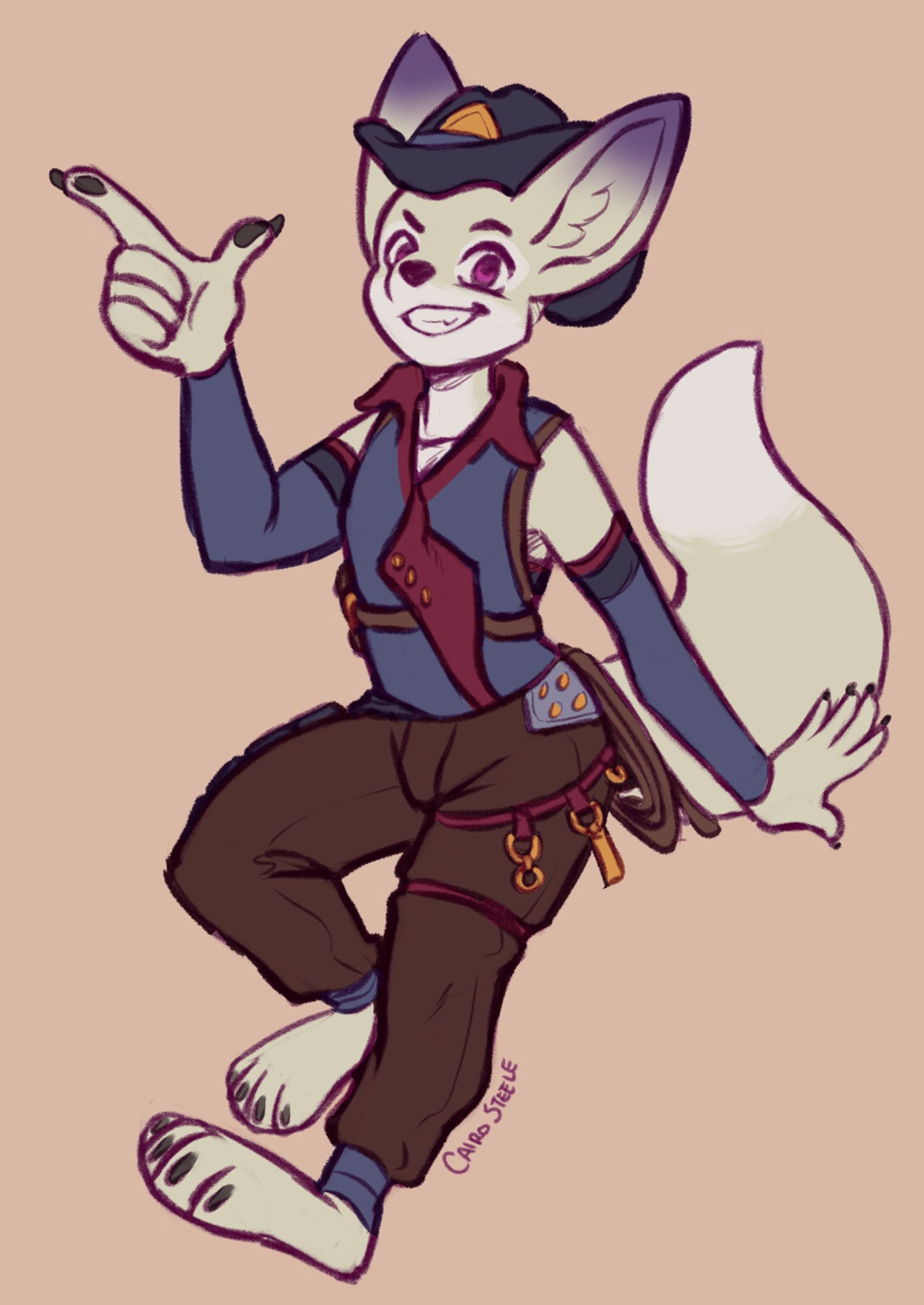 An anthro fennec fox. They're cream with purple ear tips and magenta eyes. They're wearing a sort of elaborate cowboy outfit with a hat, and grinning while making a finger-guns gesture with one hand.