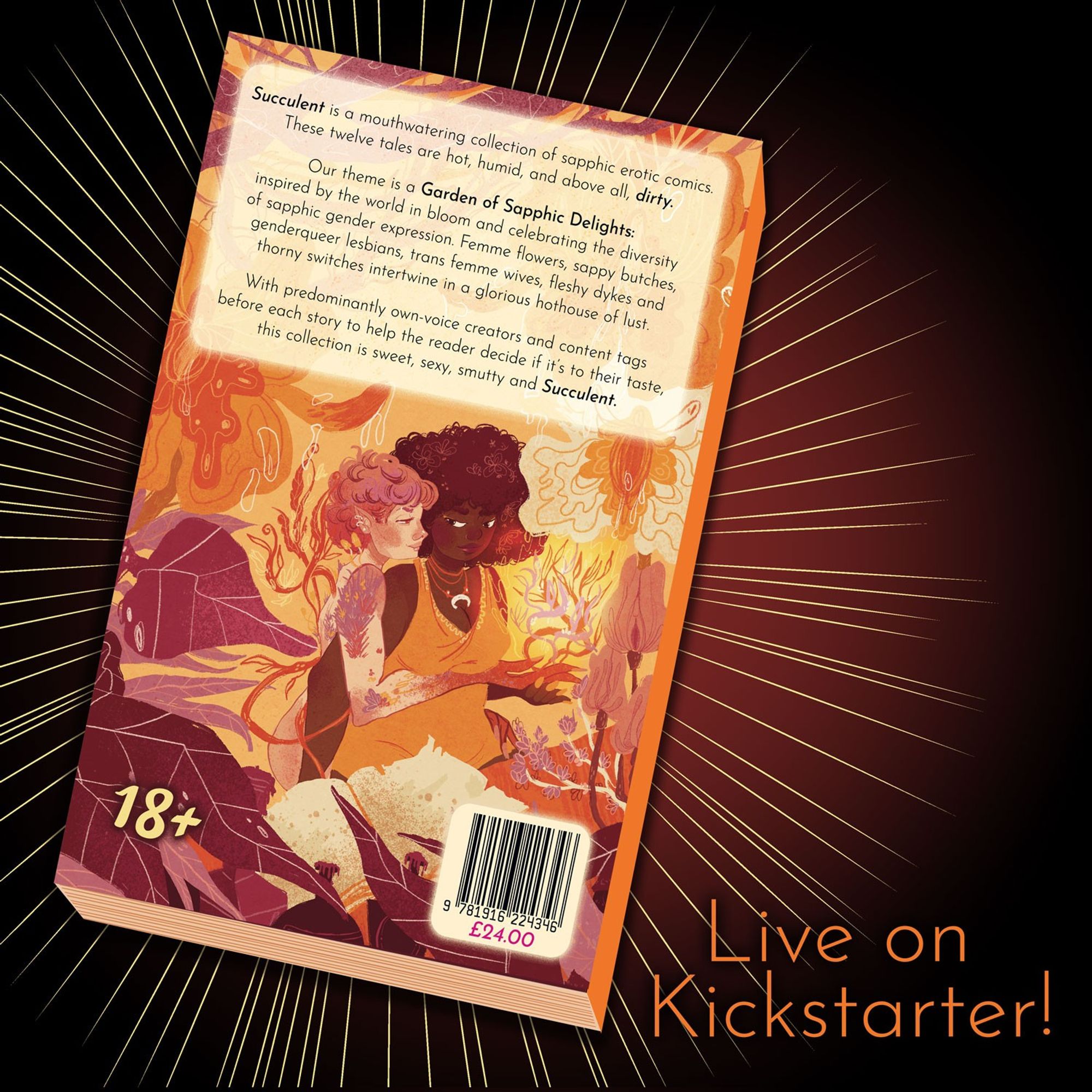 A promo image featuring the back cover of the Succulent anthology that says Live on Kickstarter.