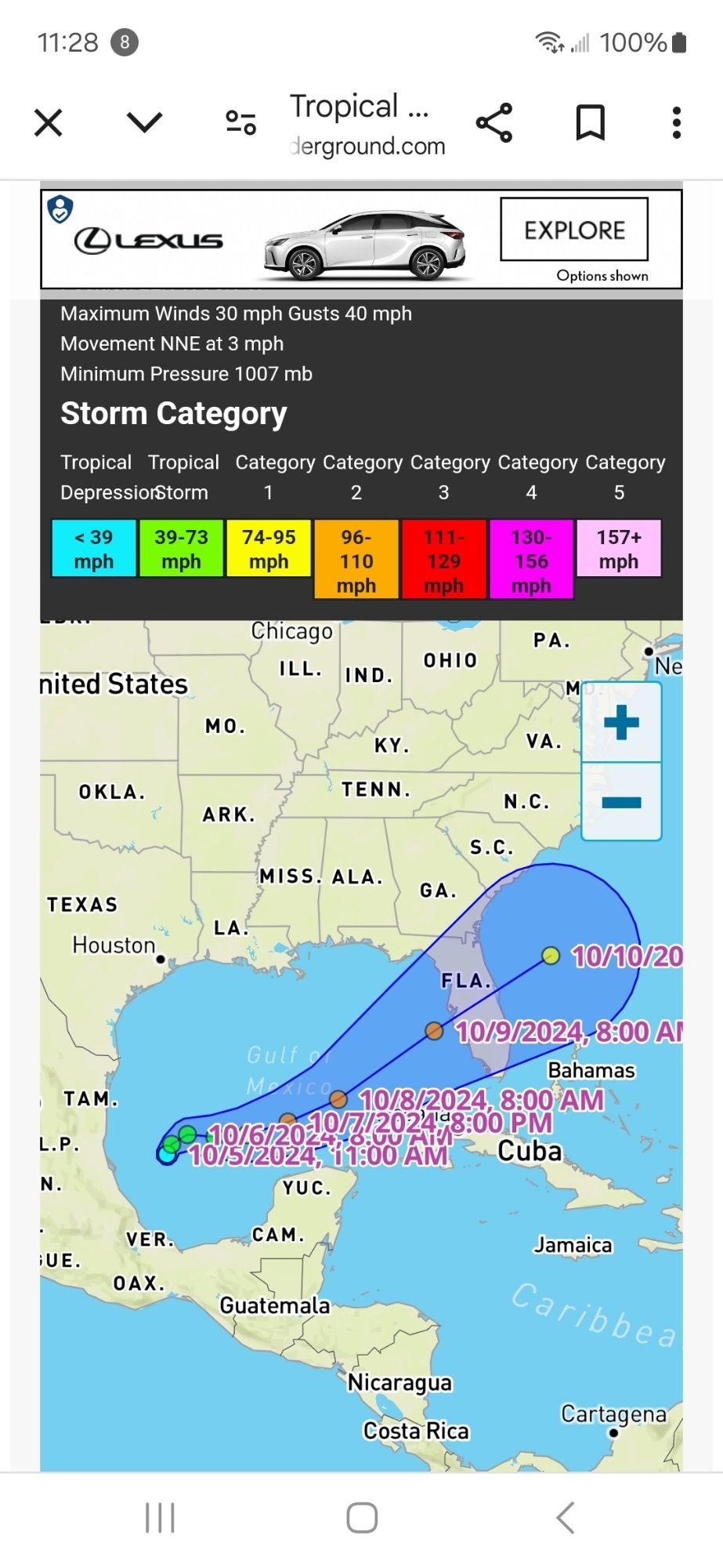 Tropical Depression 14 tracking map. It is organizing in the western Gulf of Mexico west of the Yucatan. Will become a hurricane by Monday and track east towards Tampa and cross Florida.