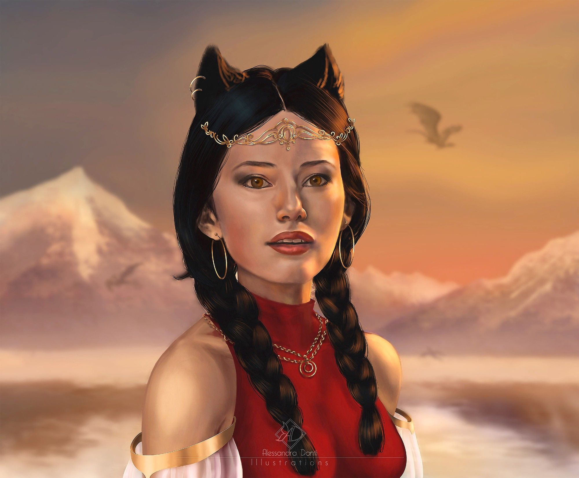 This image portrays a woman with dark hair prominently positioned in the foreground. She wears hoop earrings and possesses two feline ears atop her head. Her attire consists of a striking red gown. In the backdrop, a serene lake stretches out, framed by majestic mountains. Two dragons soar gracefully in the distance against the canvas of a realistic depiction. The scene is set during a breathtaking sunset, adding a warm and vibrant hue to the overall landscape.