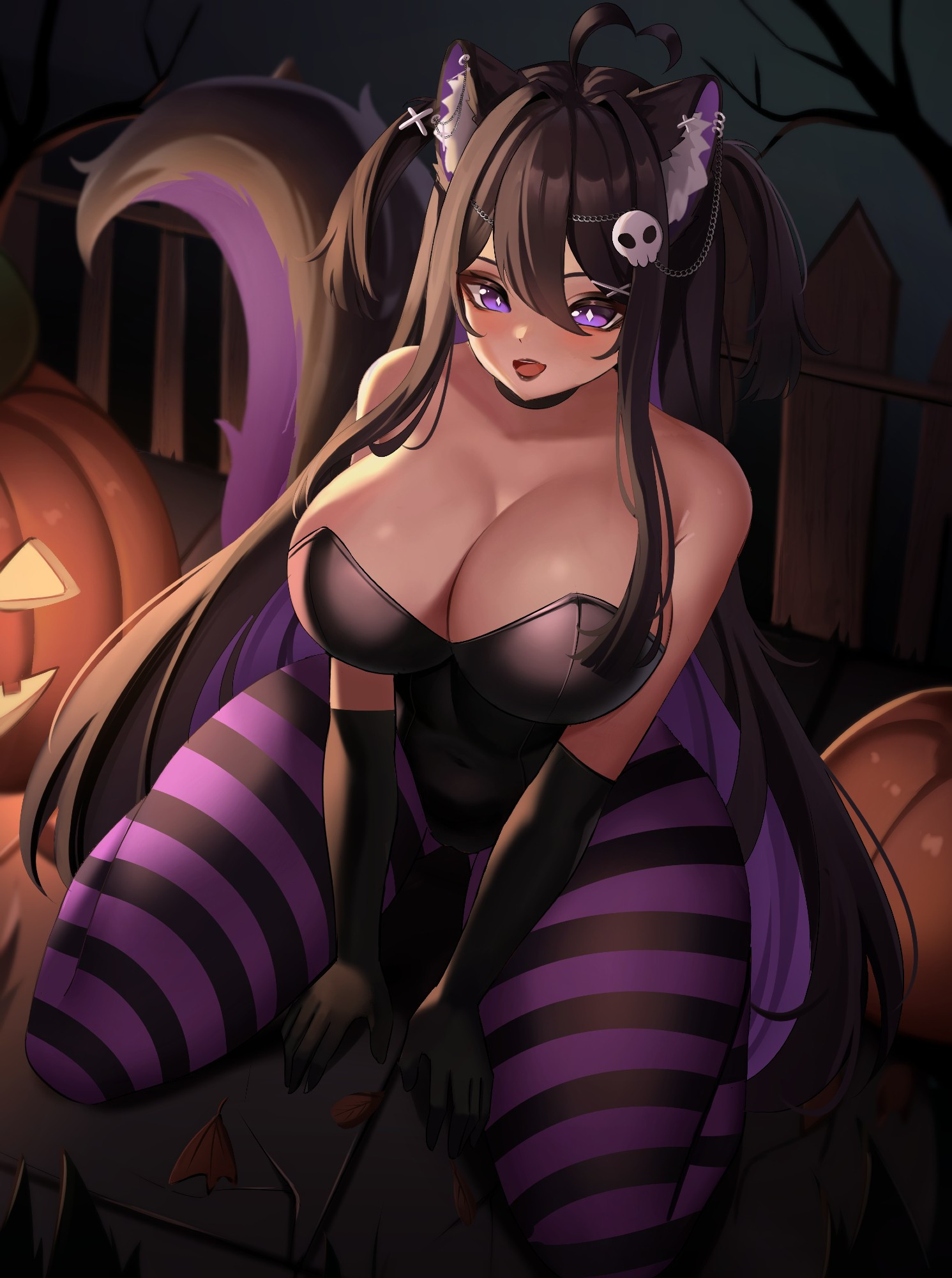 Goth latina cat girl kneeling down, surrounded by pumpkins in a dark street during nighttime. There's a wood fence behind her. She has long black hair, black cat ears with piercings, a skull hairpin, and she's wearing a black bodysuit with purple and black striped tights. Her fluffy cat tail is behind her.