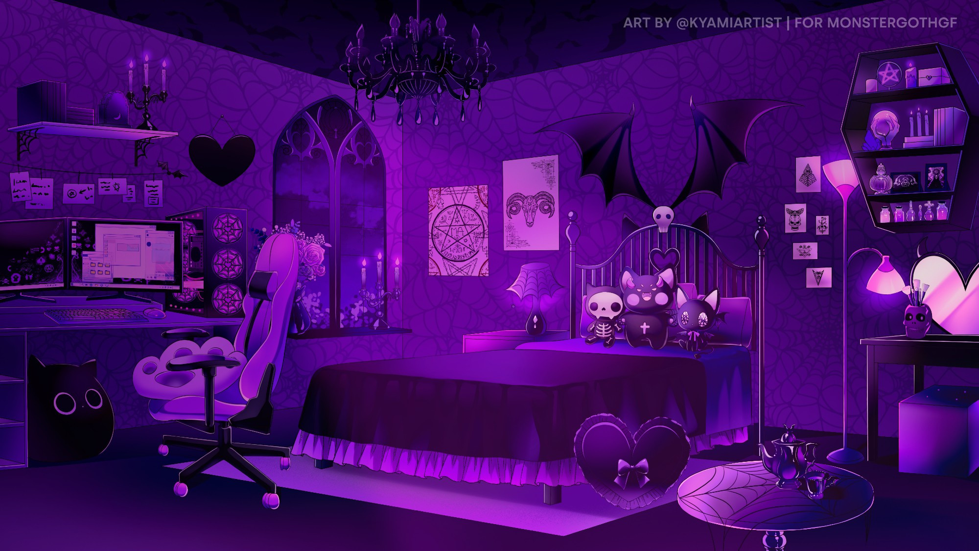 Gothic-themed room with purple walls and purple lighting, there are three different cat plushies on the bed, one is a skeleton, the other has horns and the last one has web eyes. There are webs on the walls, and on a tea table with a black porcelain tea set. The window is a gothic style with a candelabra near it, it's night outside. The computer desk has a web-themed PC and there's a big round cat plushie under it. The gamer chair is purple and has a kitty paw plushie on it.