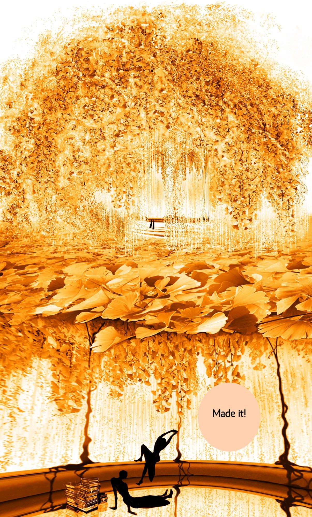 View of a giant gold ginkgo tree. Two figures with books rest underneath it, Arrill and Vallo. Some says “Made it!”